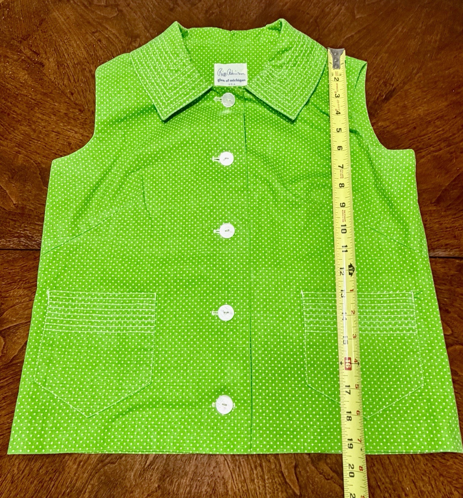Vintage 1970s Women’s Heavy Cotton Green & White Polka Dot 2 Piece Top/Skirt