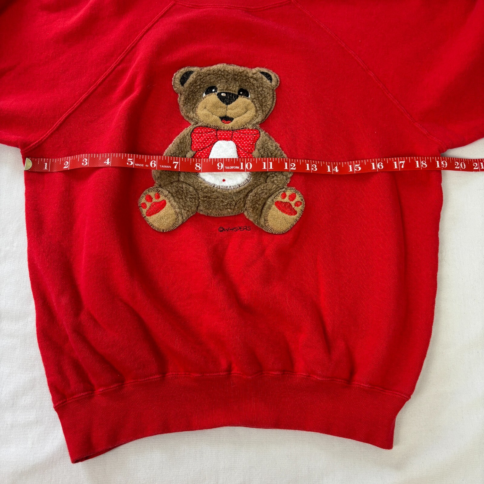 Vintage 90s Whispers Teddy Bear Red Raglan Sweatshirt Fur 3D Applique Womens XS