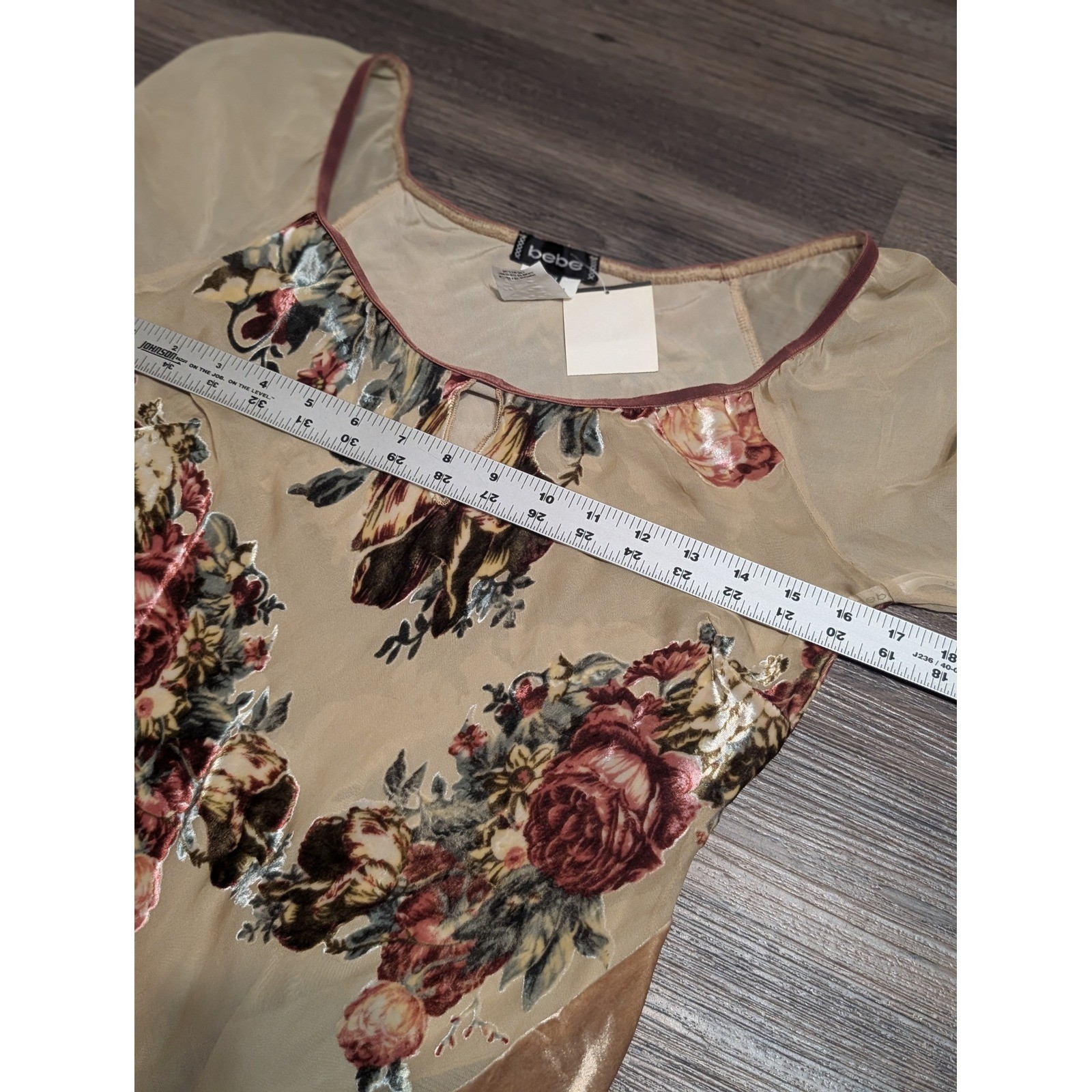 Bebe Vintage Y2K Burnout Floral Velvet Hankie Hem Top Beige Sheer Mesh Medium