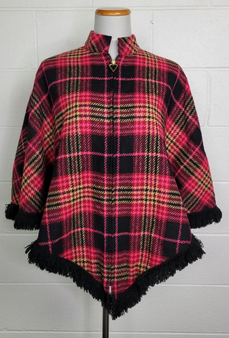 Vintage Dutchmaid Pink Red Plaid Wool Tweed Poncho w. Fringe Jr. Miss 16-18