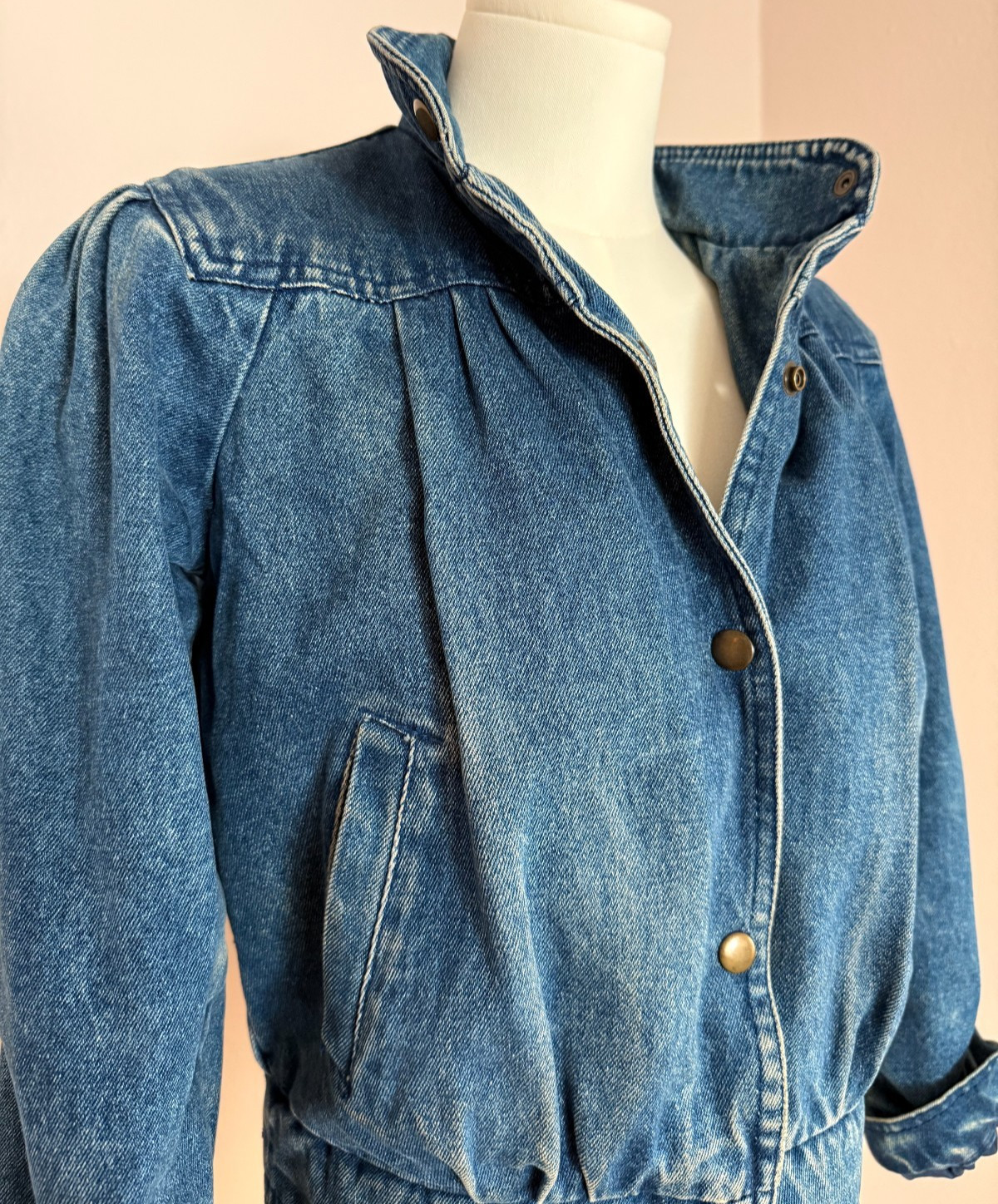 Vintage 80s Denim Puff Sleeve Jacket Cropped Cinched Waist Lined Insulated XS