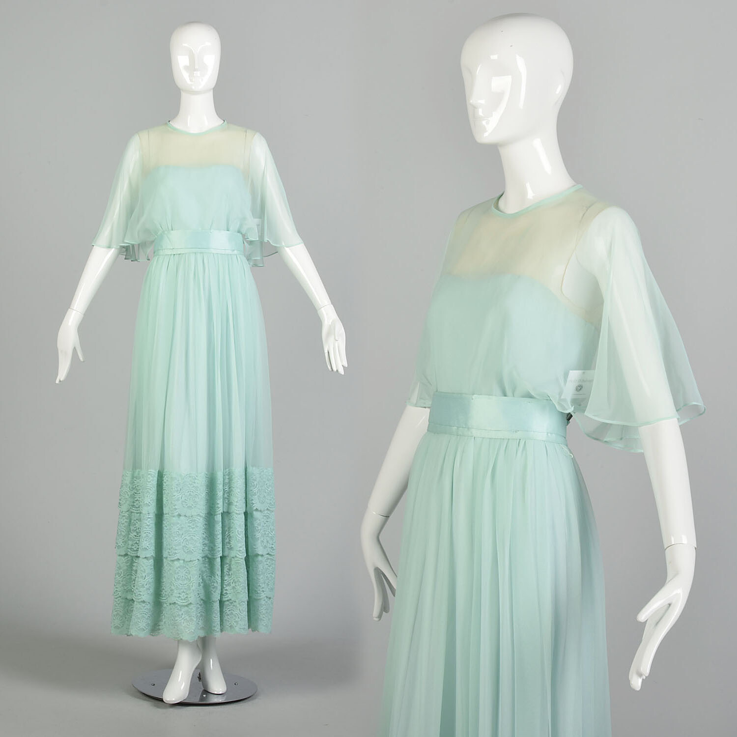 Small 1970s Lace Dress Victor Costa Pastel Aqua Blue Chiffon Evening Maxi Dress