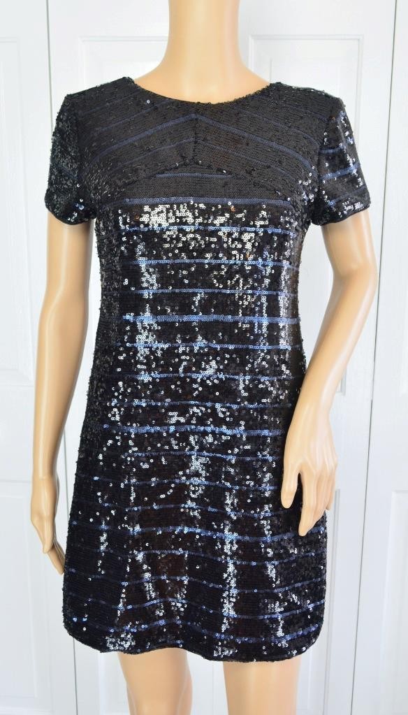 VTG 90s Mini Black Blue Sequin Scooped Back Gatsby Flapper Party Cocktail Dress