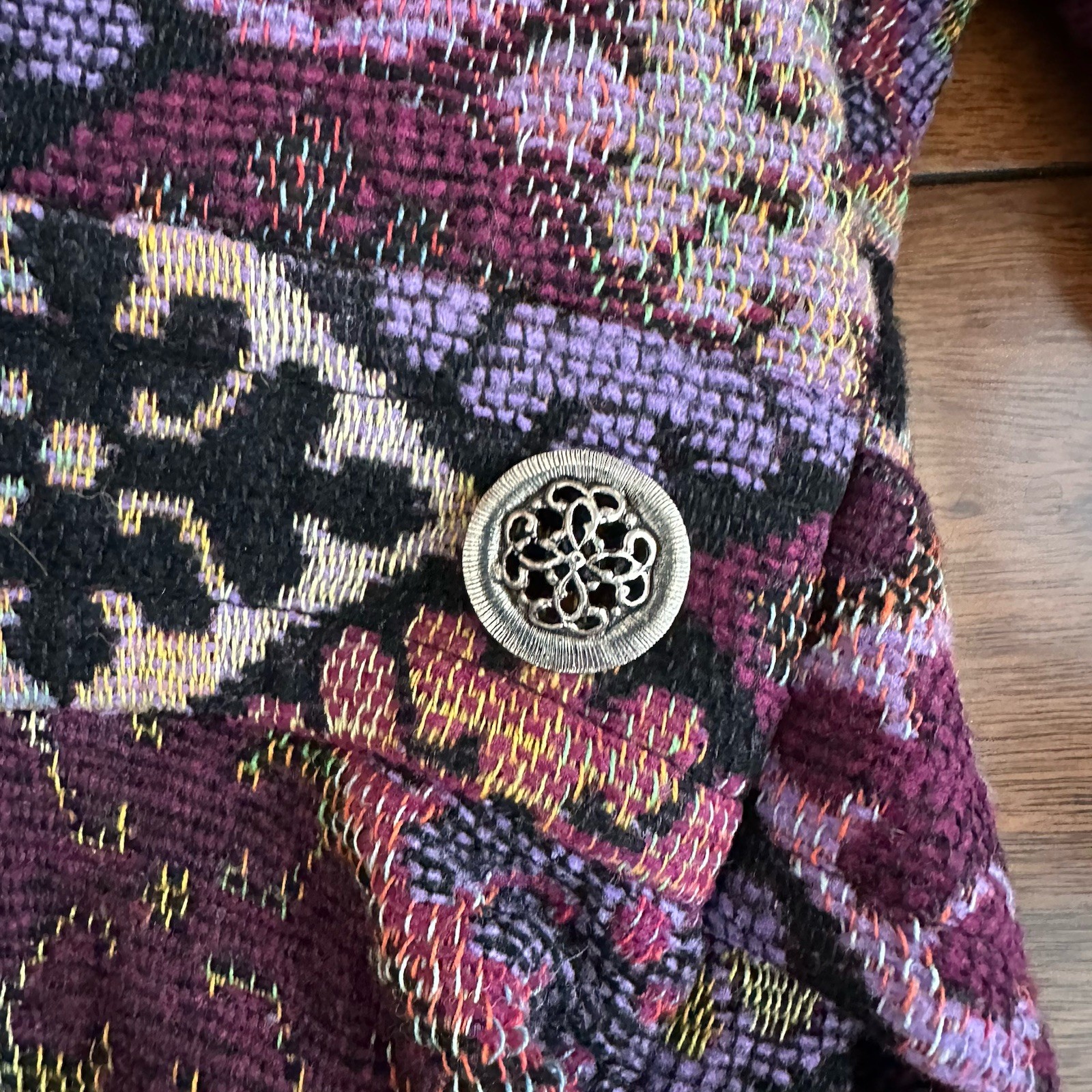 Vintage Tapestry Carpet Bag Long Coat Womens Purple Mosaic Belted 70s Boho Hippy
