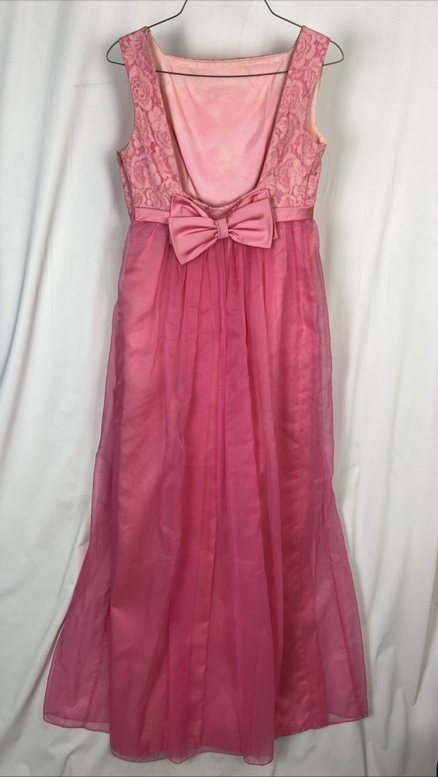 Vintage 60s Sleeveless Chiffon Dress Pink Lace Lined Bow Open Back Empire Waist
