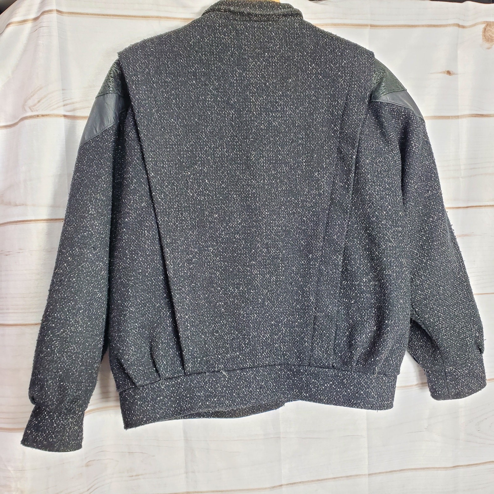 Vintage 80s Wool Leather Speckled Black Button Bomber Jacket Coat Size Medium