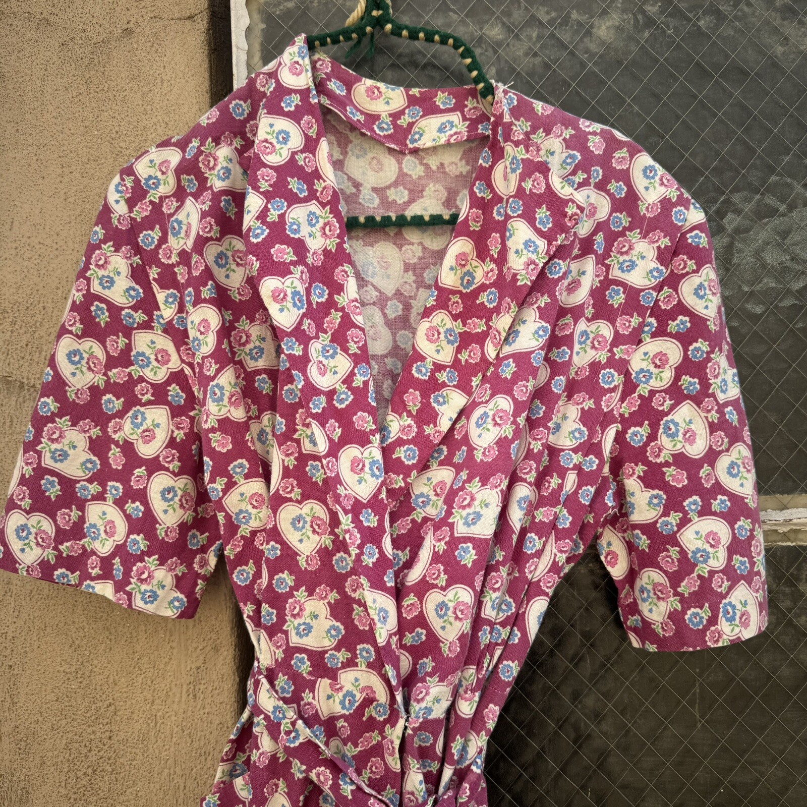 Vintage 1940s Purple, White & Blue Dressing Gown, Robe, Wrap Dress, Heart Print