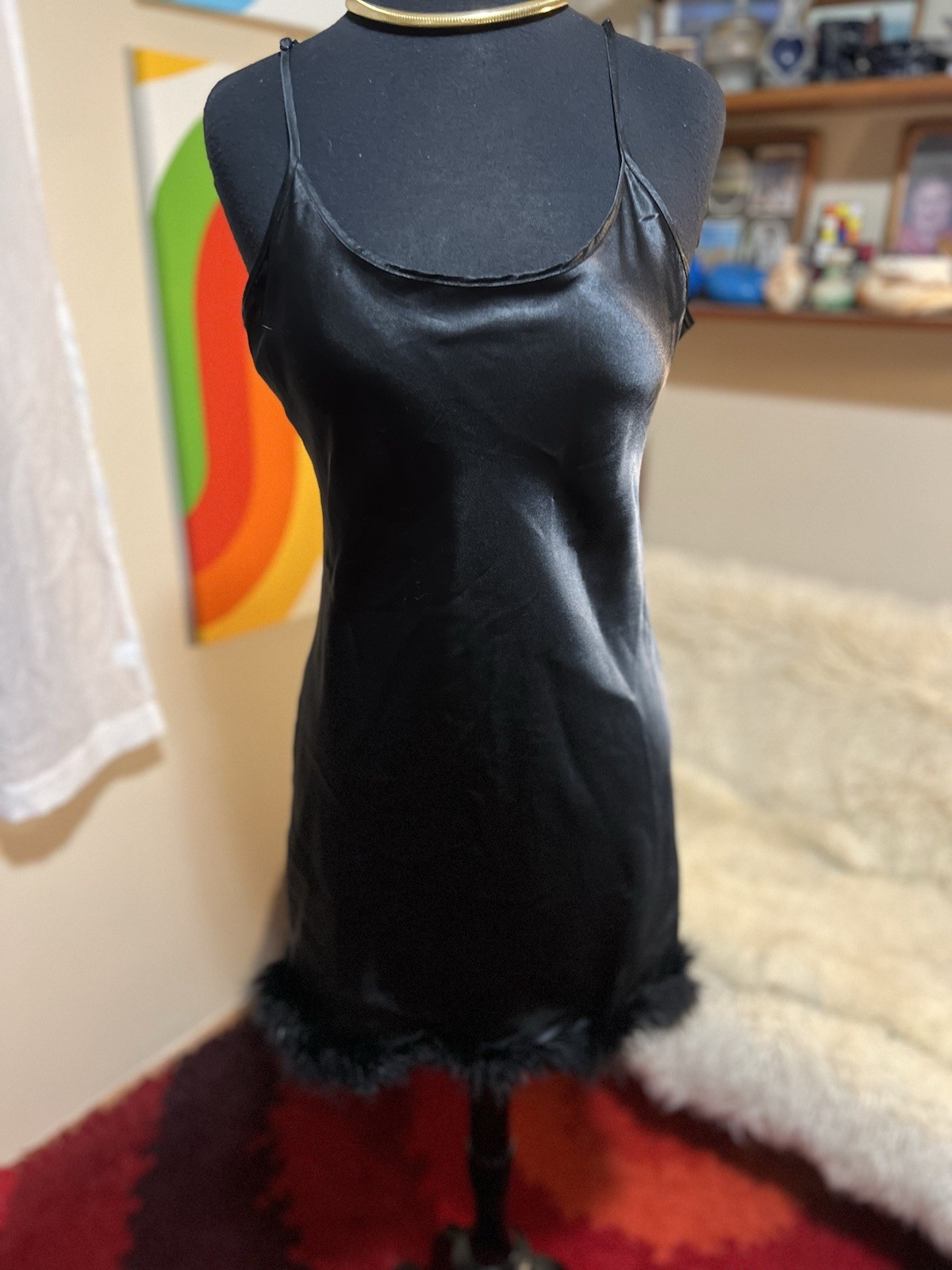 Vtg Gilligan & OMalley Gold Label Gloss Satin Faux Fur Trim Slip Dress Y2K Black