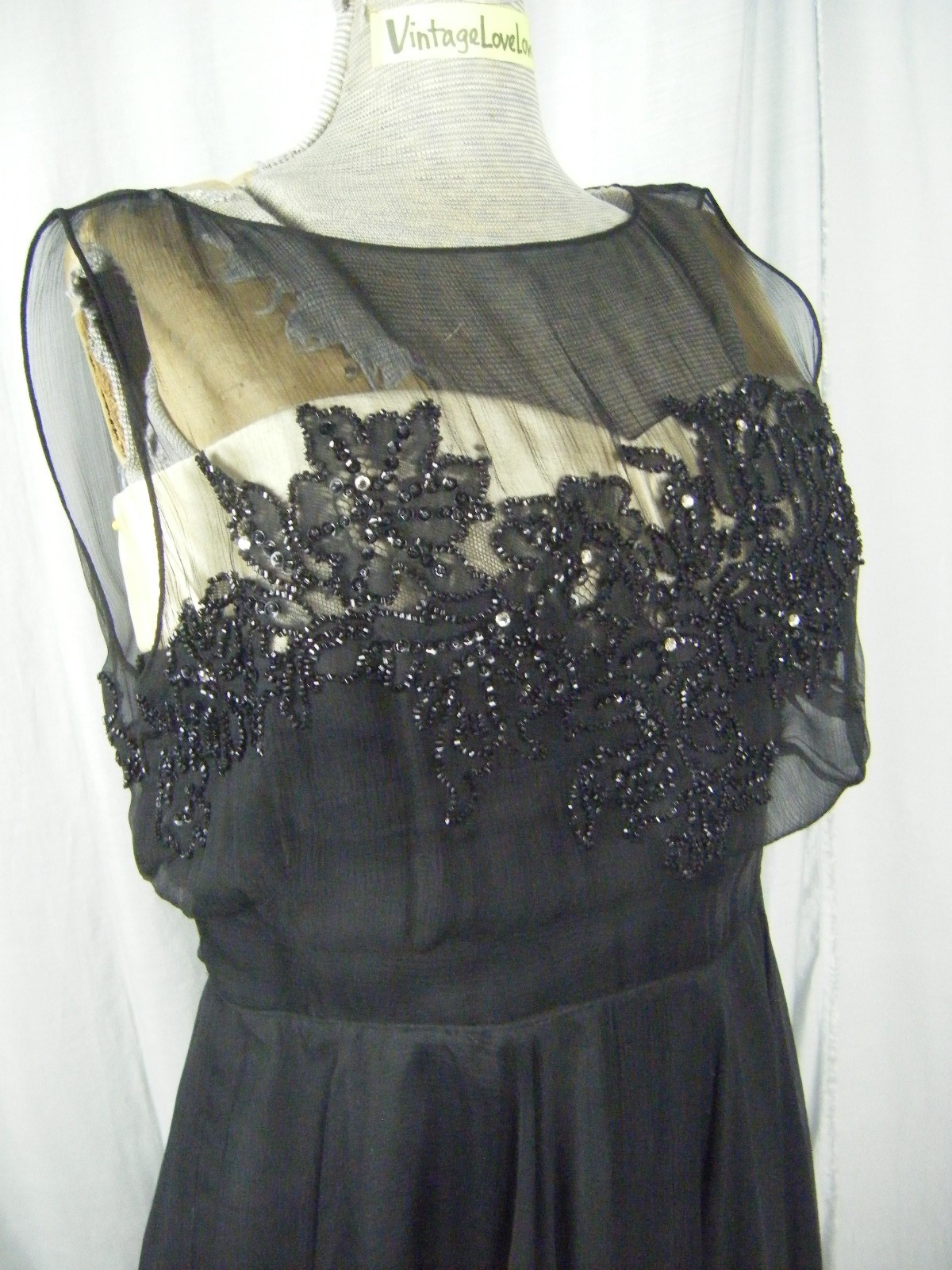 Vtg 50s Illusion Black Chiffon Beaded Ivory Bodice Party Dress-Bust 39/M