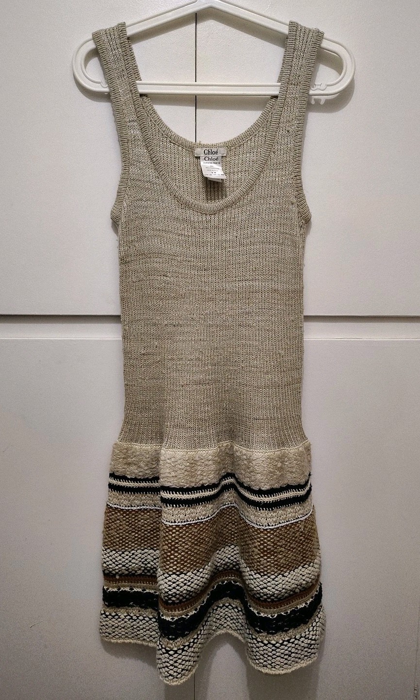 CHLOE Italy Silk Cotton Wool Knit Dress Sz TS S Beige Ruffled Striped Boho Rare