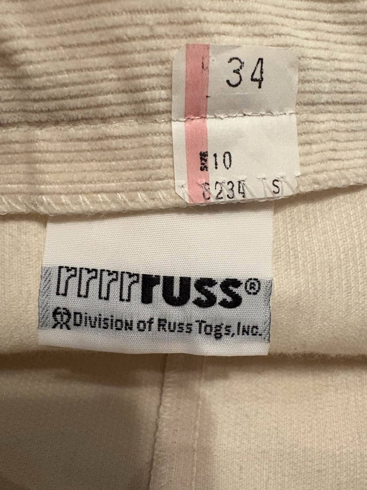 Vintage Russ Togs Ivory Corduroy Pleated Midi Skirt USA ILGWU Womens 34