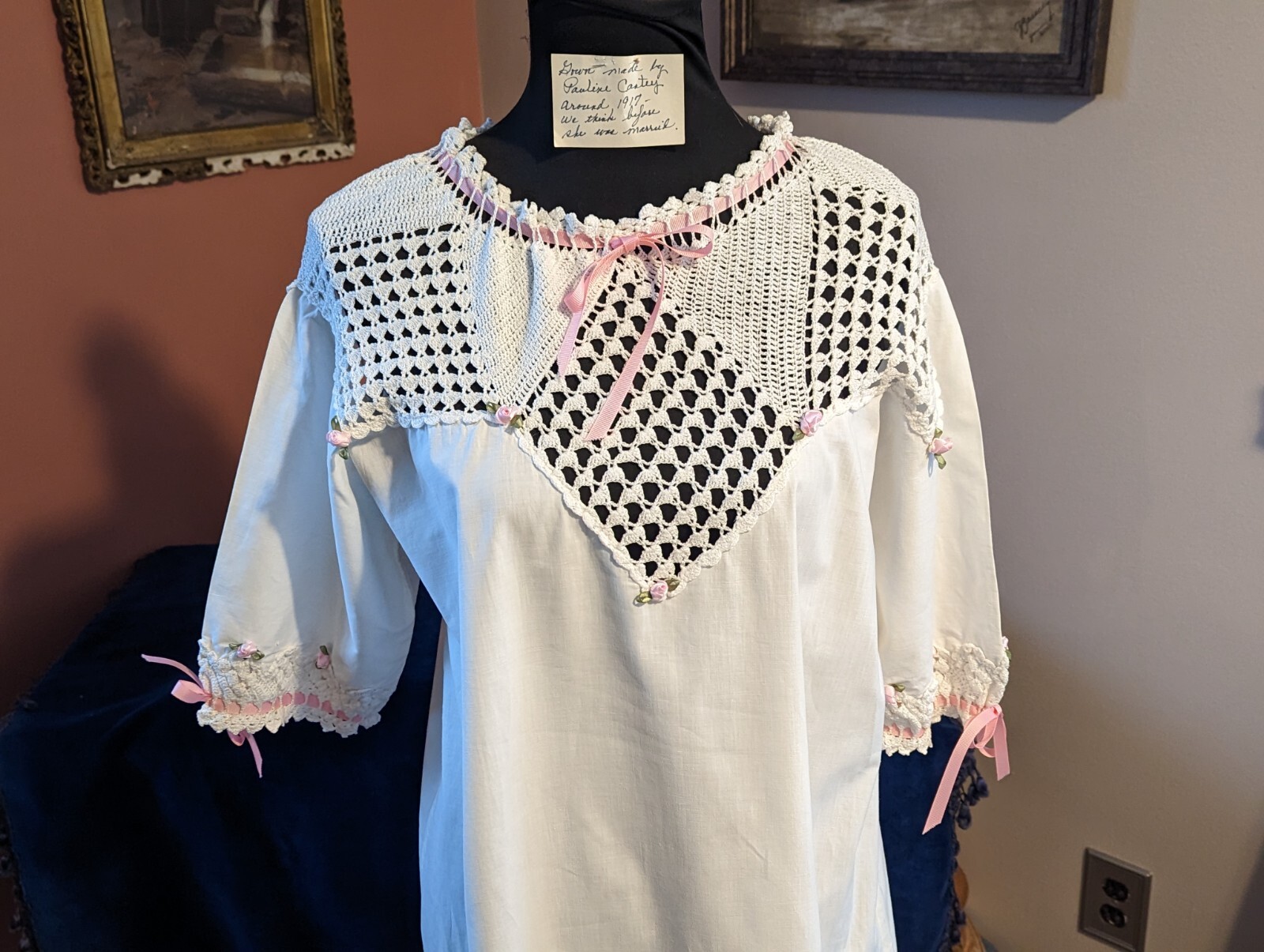 Antique Vintage Edwardian Crochet Lace Handmade Nightgown Ribbon Roses ca 1917