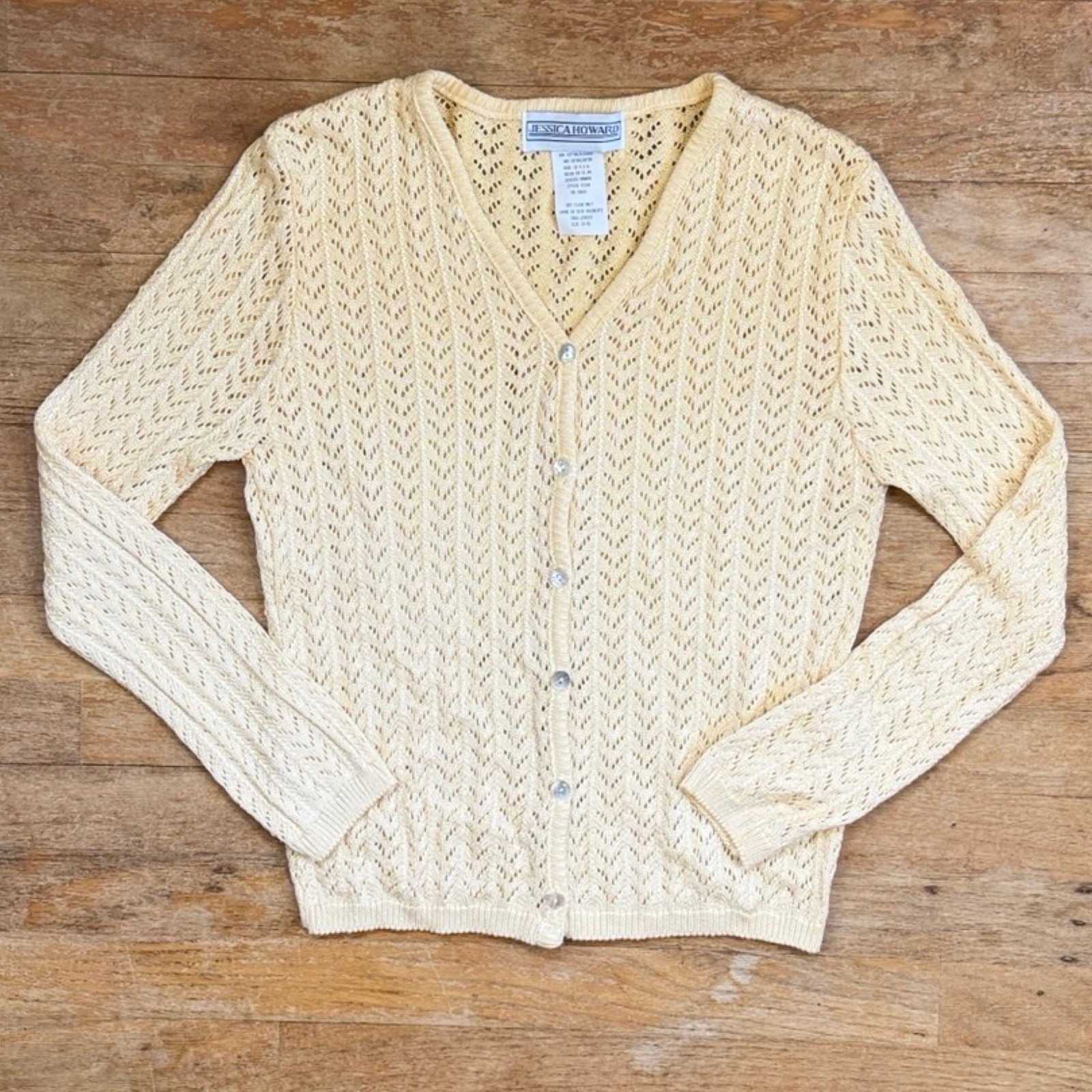 Vintage Butter Yellow Eyelet Cardigan Sweater Size Small 90s Button Up V-Neck