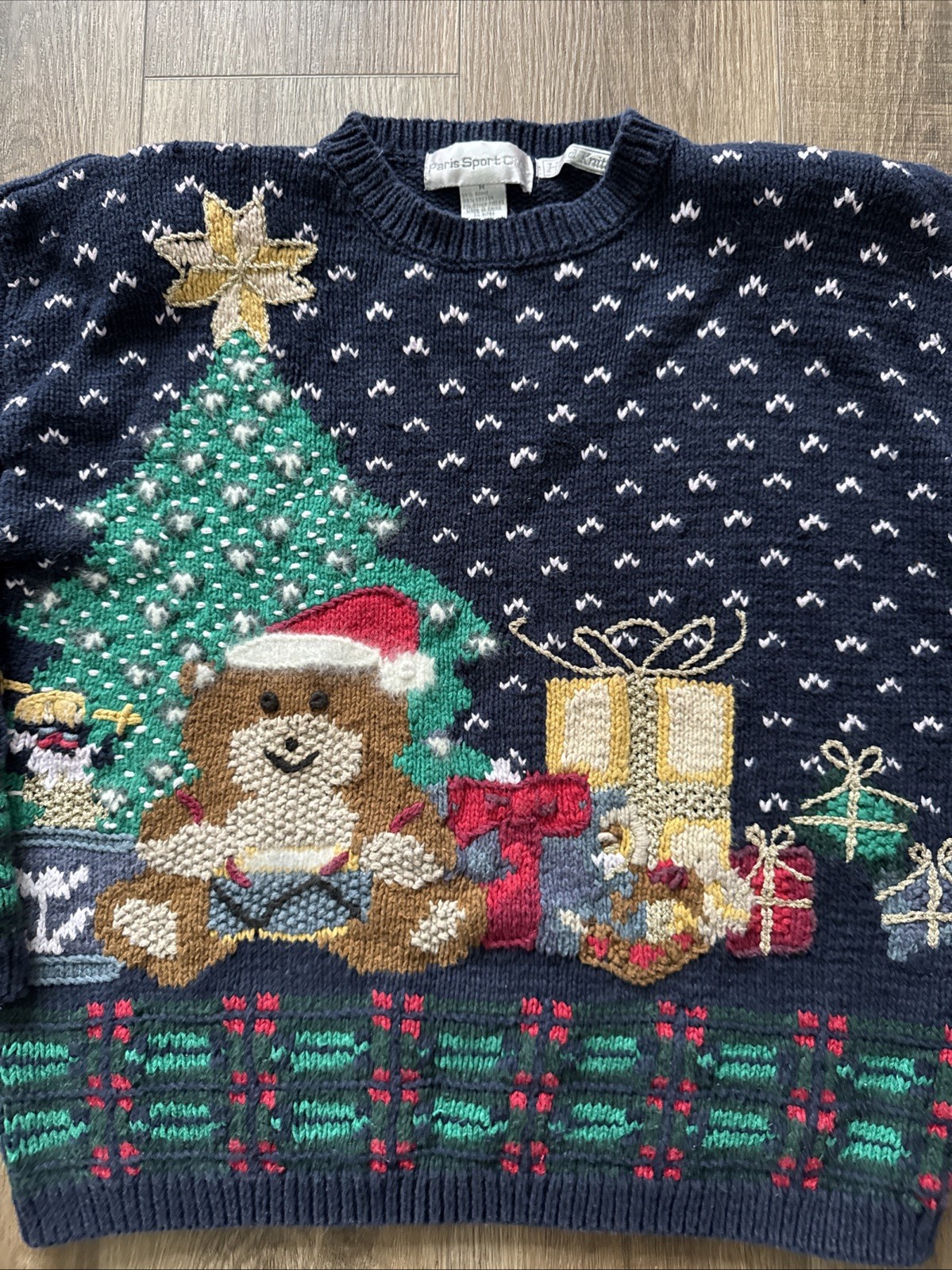 Vintage Paris Sport Club Christmas Sweater Ugly Hand Knit M Granny Core D4
