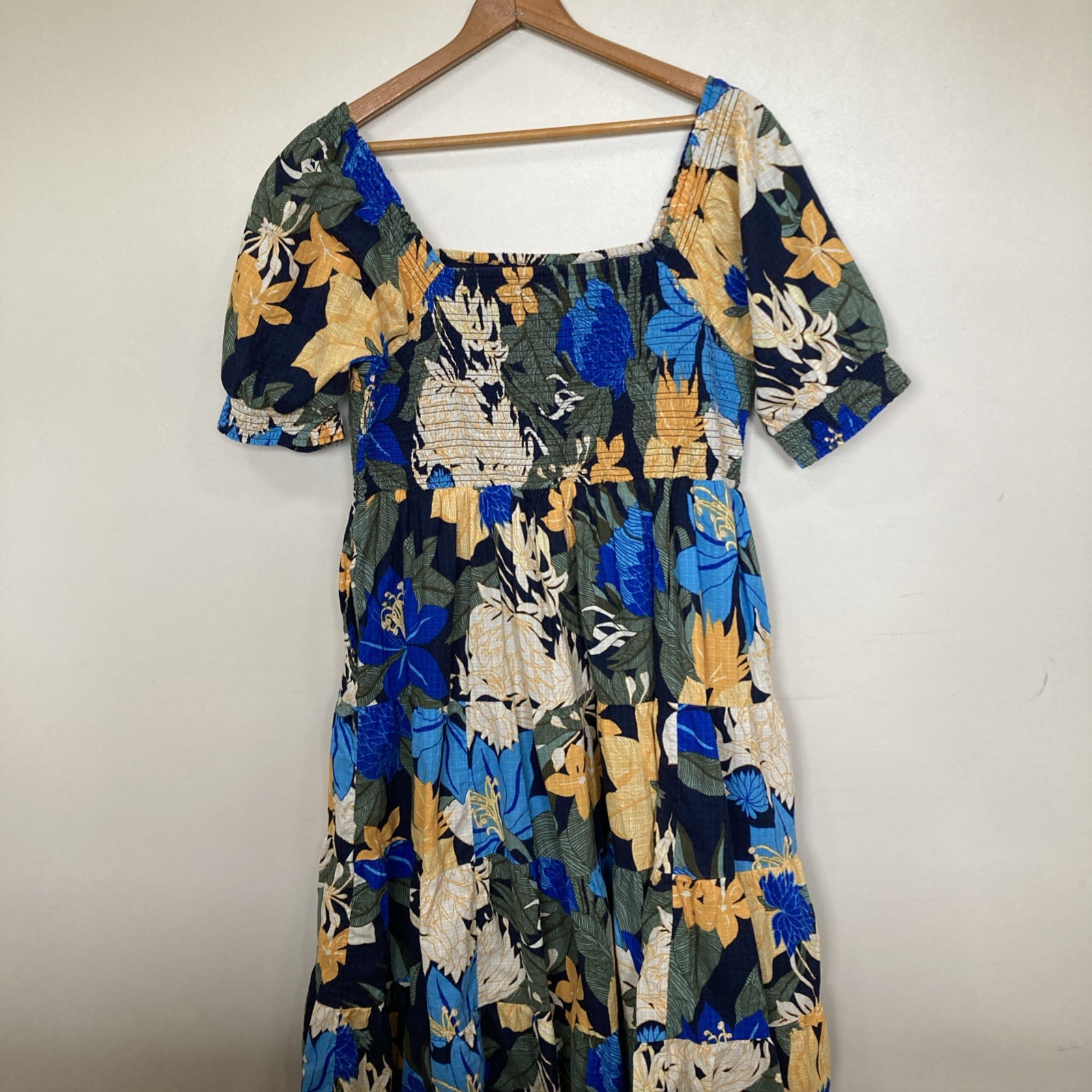 Land’s End Women’s Smocked Peasant Dress L/P 14-16 Blue Yellow Cotton Lined Vtg