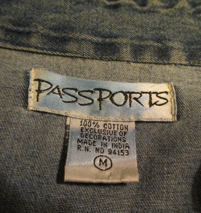 Vintage Passports Blue Denim Shirt Jacket Medium, Embroidered Floral