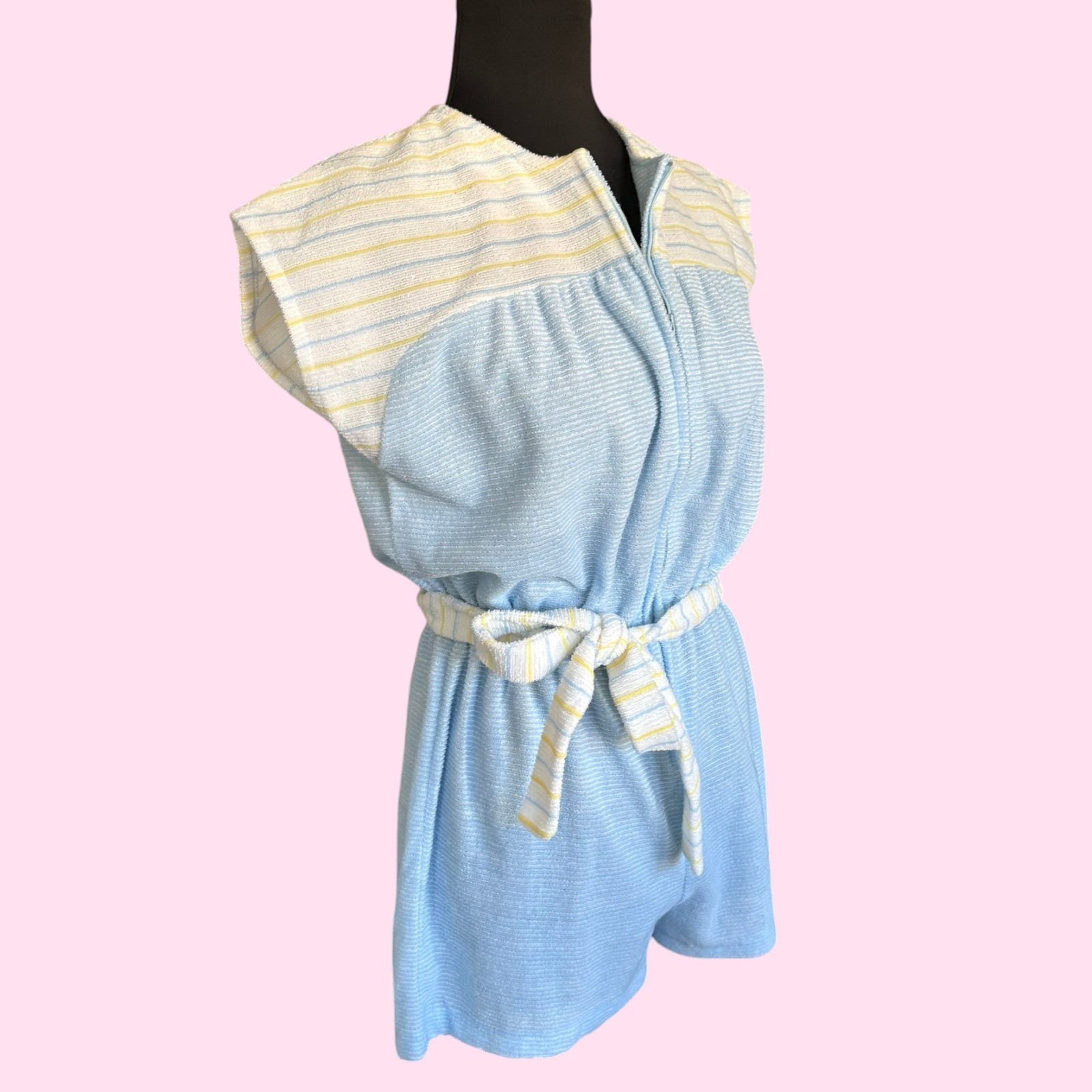 Vintage 70s Pastel Blue Striped Terry Cloth Romper Playsuit by Gina Size M