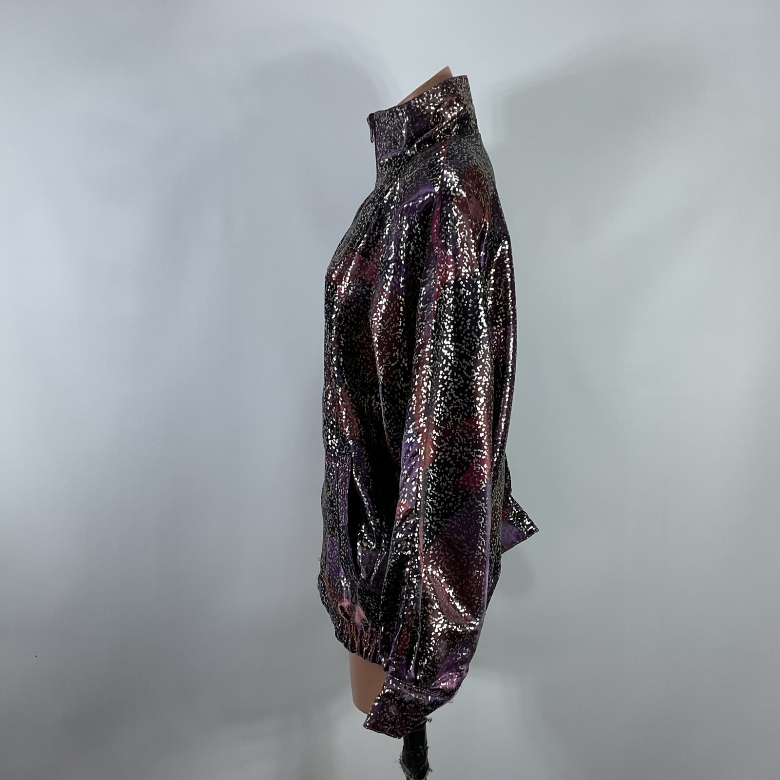 Vintage Rafael Satin Bomber Jacket Y2K Reversible Metallic Purple Animal Print S