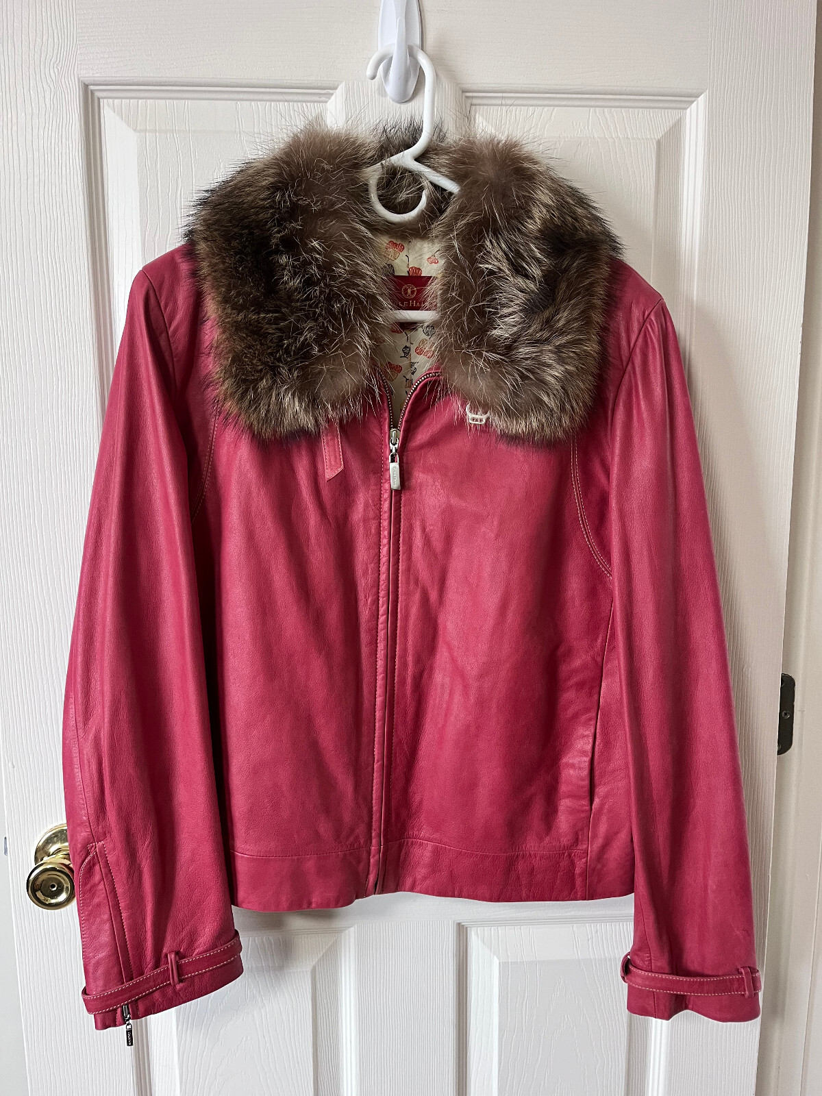 Cole Haan Pink Leather Raccoon Fur Collar XL Jacket Coat