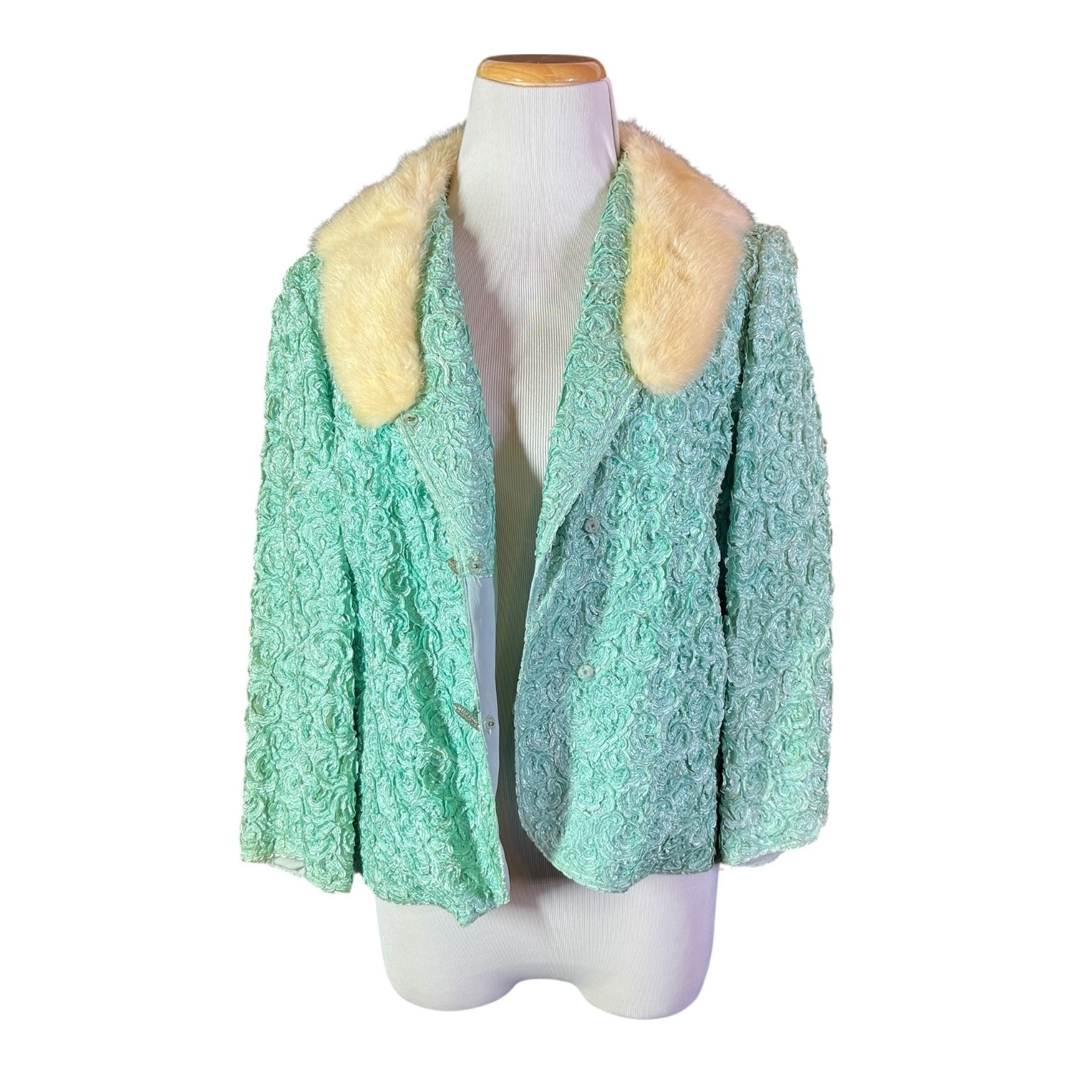 Vintage 1950s Helen of Memphis Costume Room Size 12 Green Jacket Fur Collar