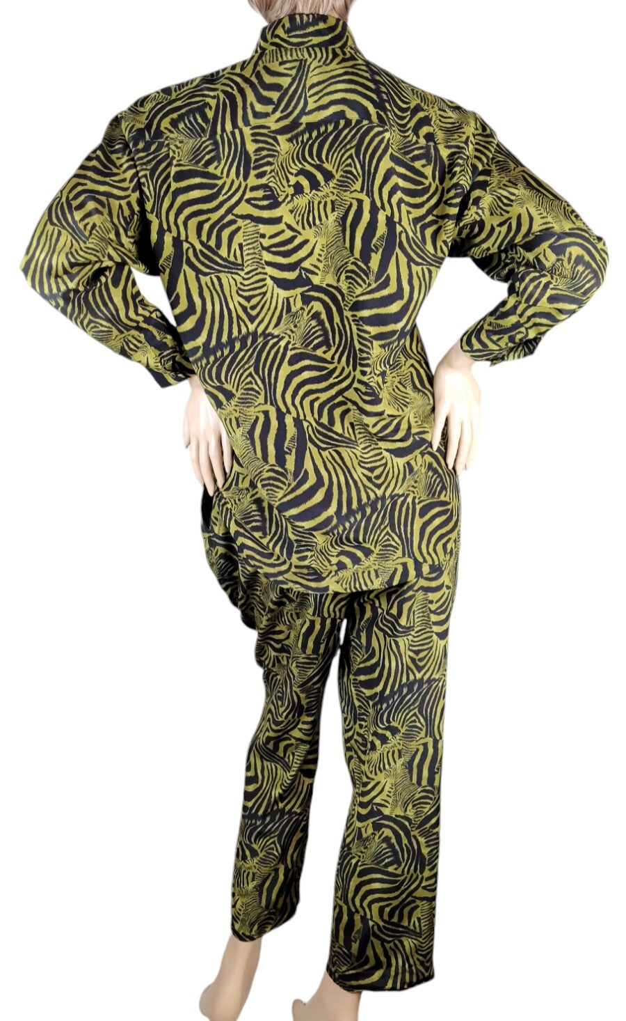 Vintage Ann May 100% Silk Zebra Green & Black Animal Blouse & Pant Suit Set 8