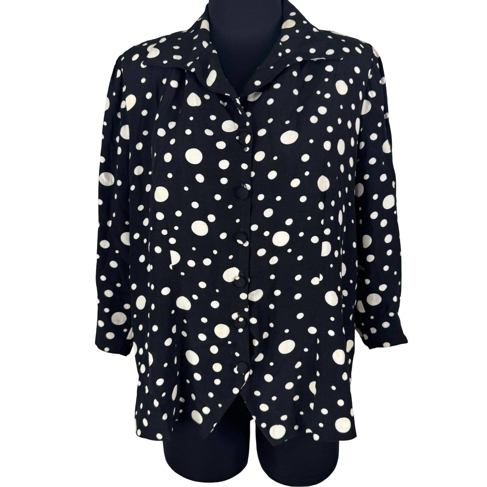 Vintage 80s Black White Polka Dot Blouse Pinup Rockabilly Peplum Retro XL 1X Top