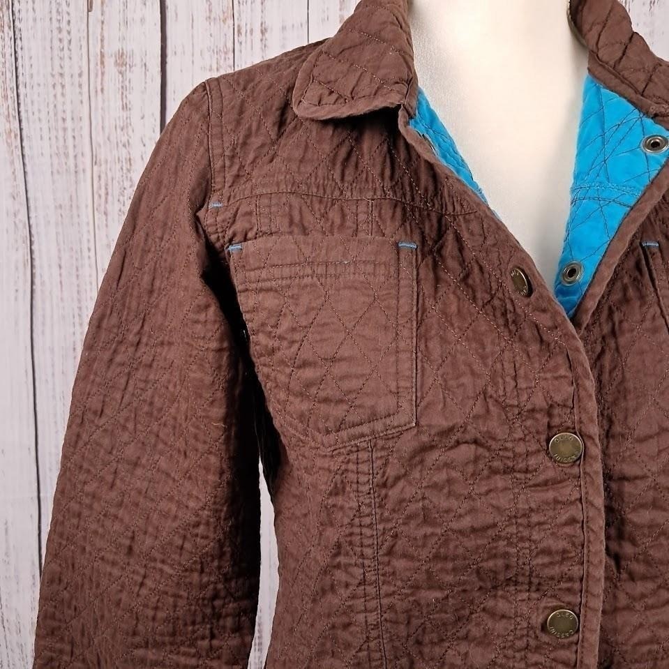 Vtg 90s OLEG CASSINI Weekend S Quilted Jacket Brown Turquoise Snap Front Cropped