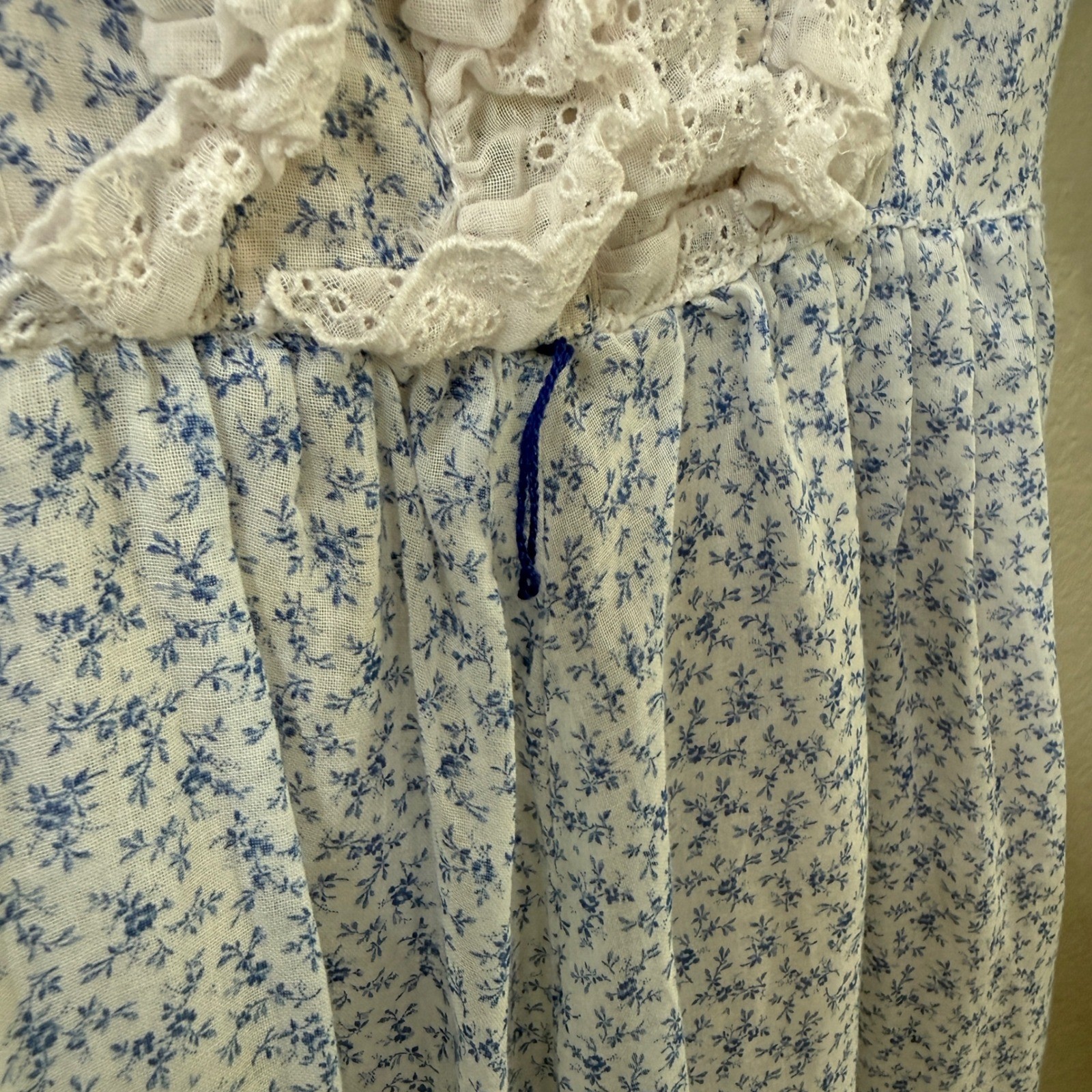 Vintage ACT I New York Floral Cottagecore Midi Prairie Dress Blue White Lace XS