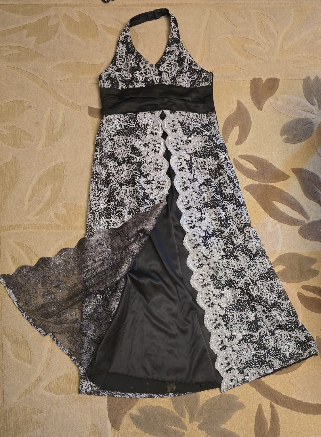 Vintage Black Silver Lace Halter Formal Evening Dress Prom Gown