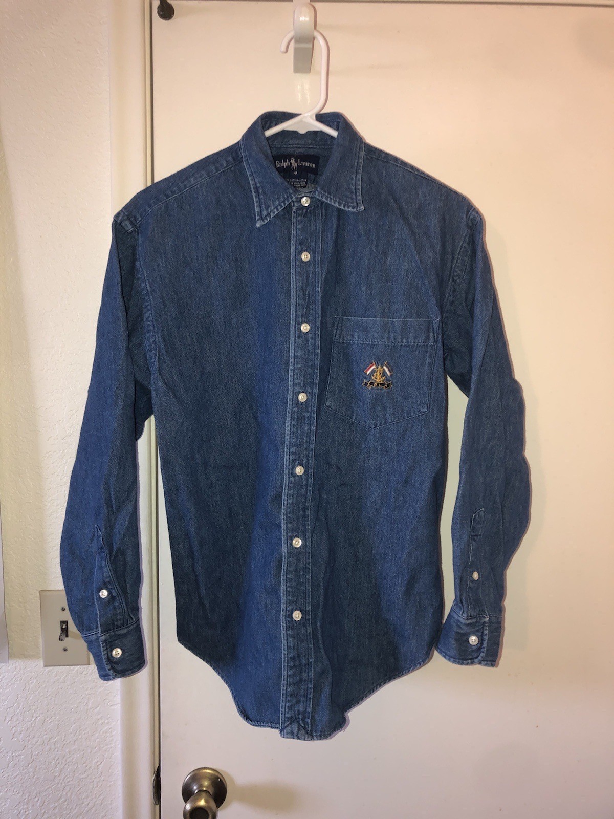 VTG Ralph Lauren 90s Button Down Denim Shirt Nautical Embroidered Crest Flag 8