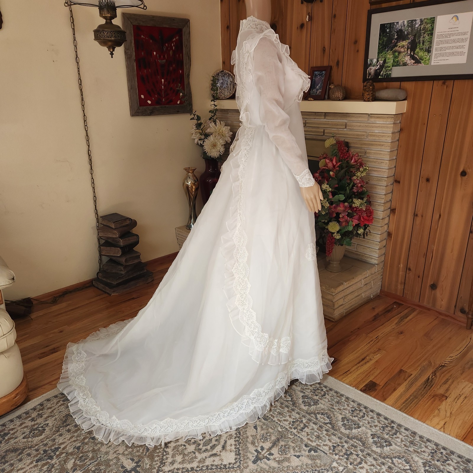 Vintage 70s Victorian Prairie Lace Wedding Gown & Veil Set