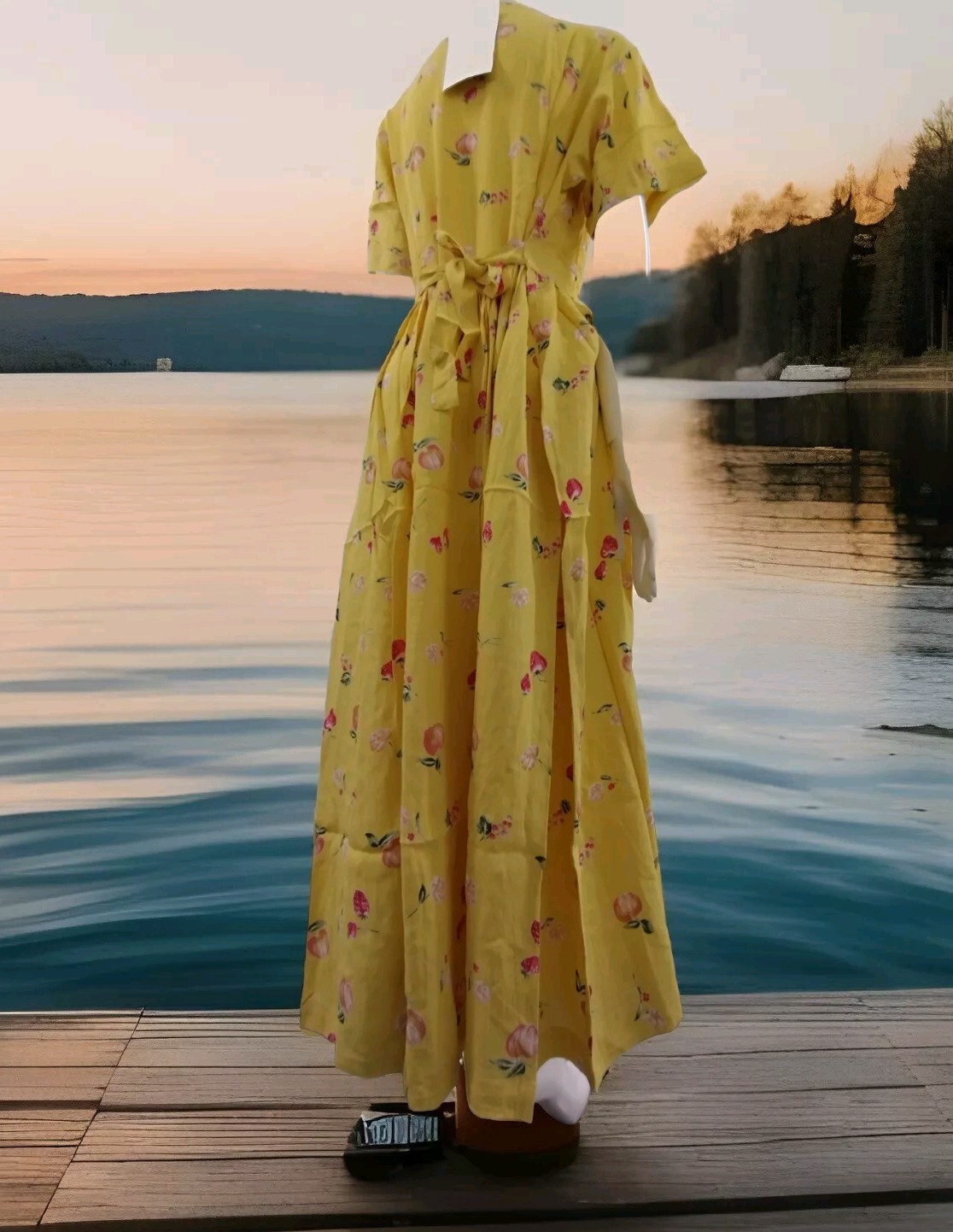 90s Rayon Yellow Dress Granny Apples Strawberry Print Country Easter Spring M