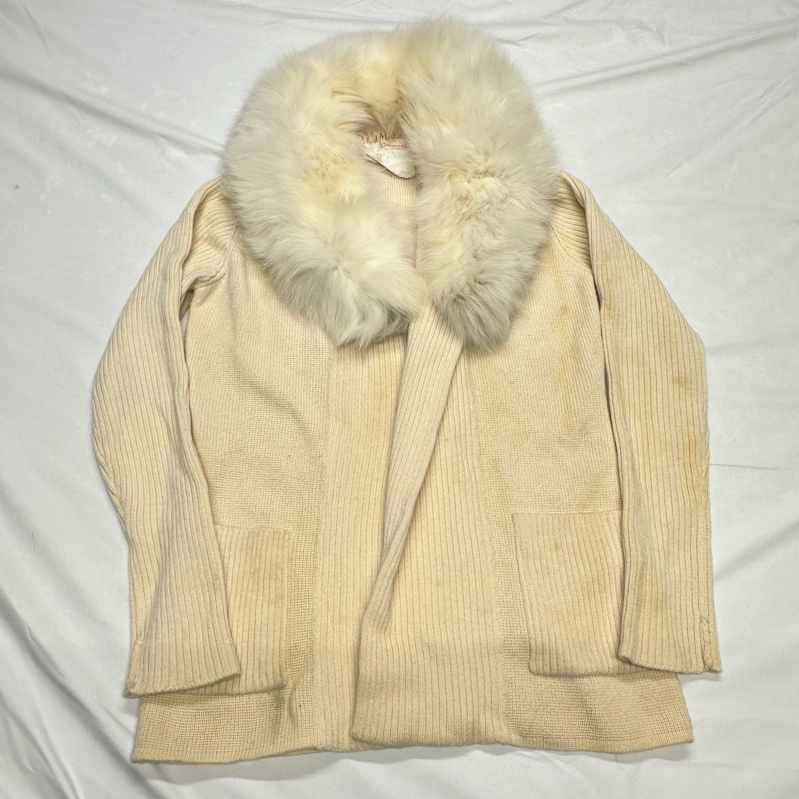 Vtg Robert Meshekoff Genuine Fur Collar Belted Ivory Sweater Cardigan Barra Sz S