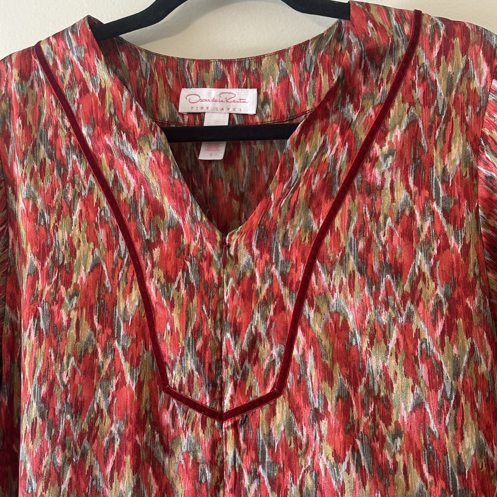 Oscar de la Renta Geometric Satin Pockets Caftan Dress Muumuu Half Zip Sz Small