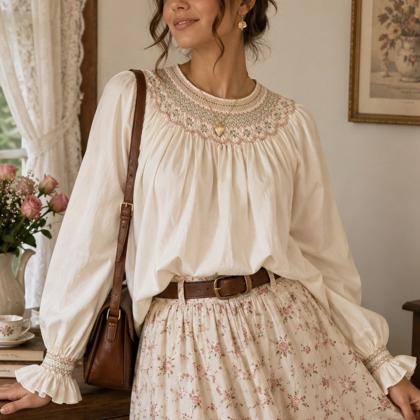 VTG Peasant Top Long Sleeve Smocked Ruffle Embroidered Cream Size M/L Cottage