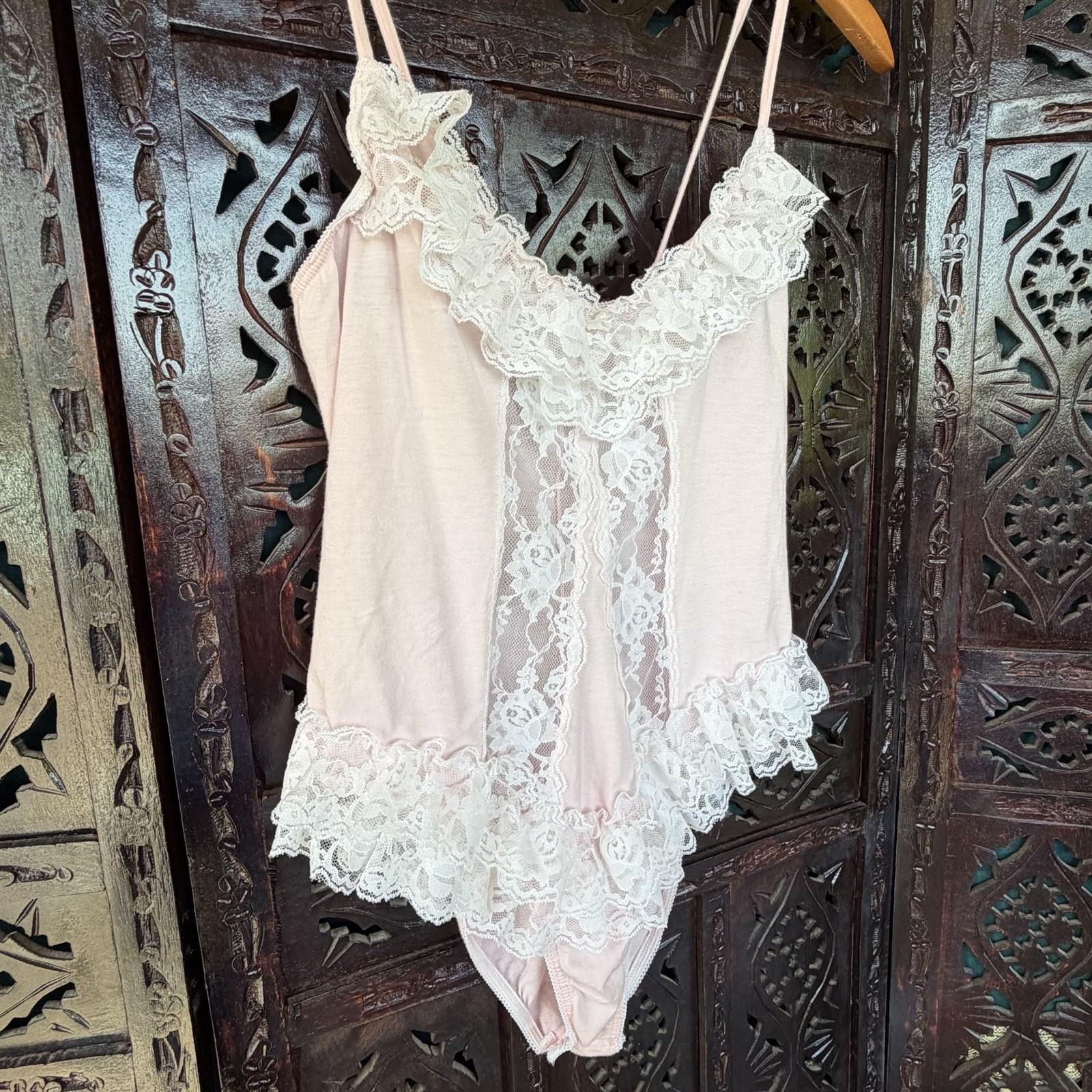 VTG Pink Teddy 100% Cotton Womens M Body Suit Lace Langerie Ruffle Coquette USA