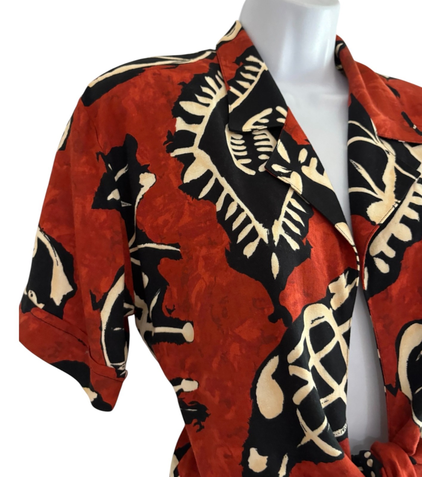 Vintage 80s-90s Tie Front Blouse Batik Rayon Shirt Open Front Virgo II S/M