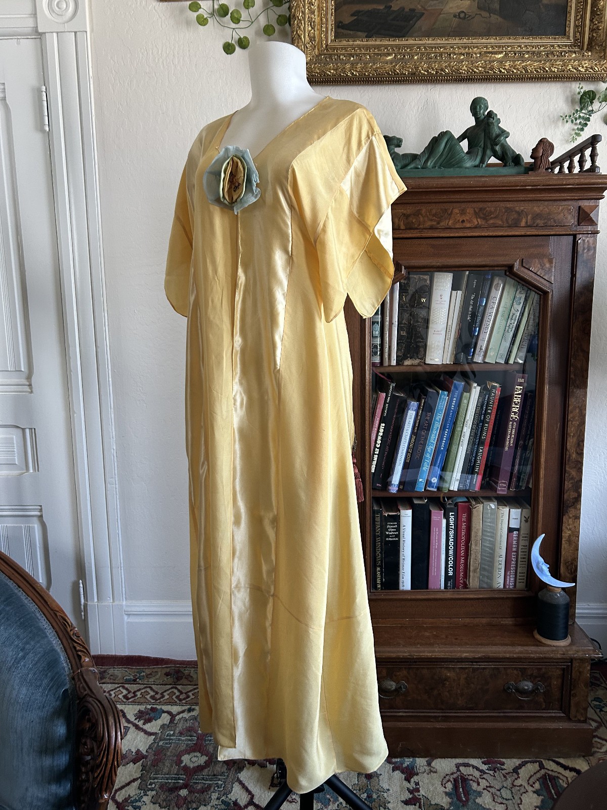 Antique 1920s Butter Yellow Satin Stripe Handmade Peignoir Robe Art Deco S/M