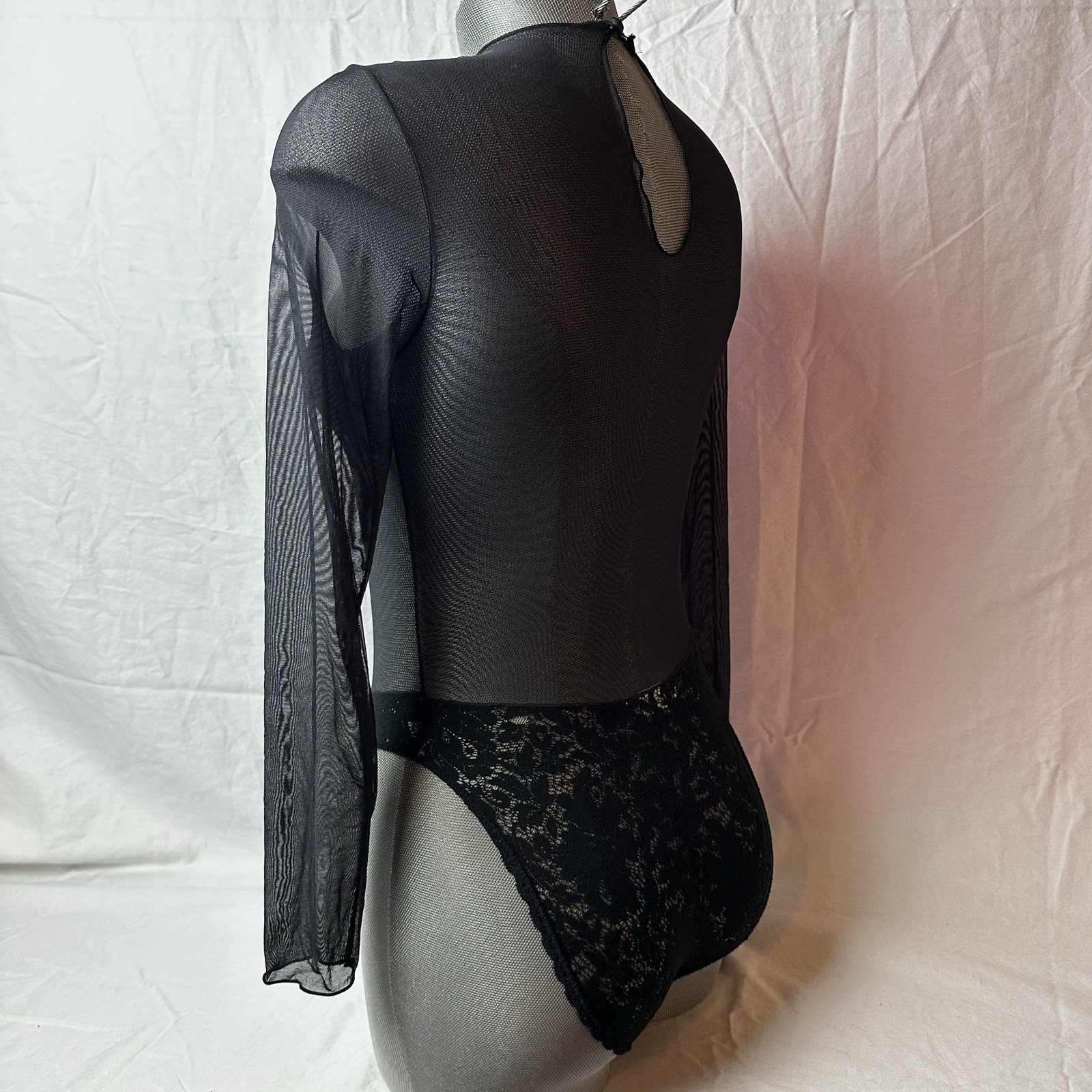Vtg 80s Guy Laroche Black Sheet Bodysuit Teddy Romper Lace Bottom Sz S Nylon