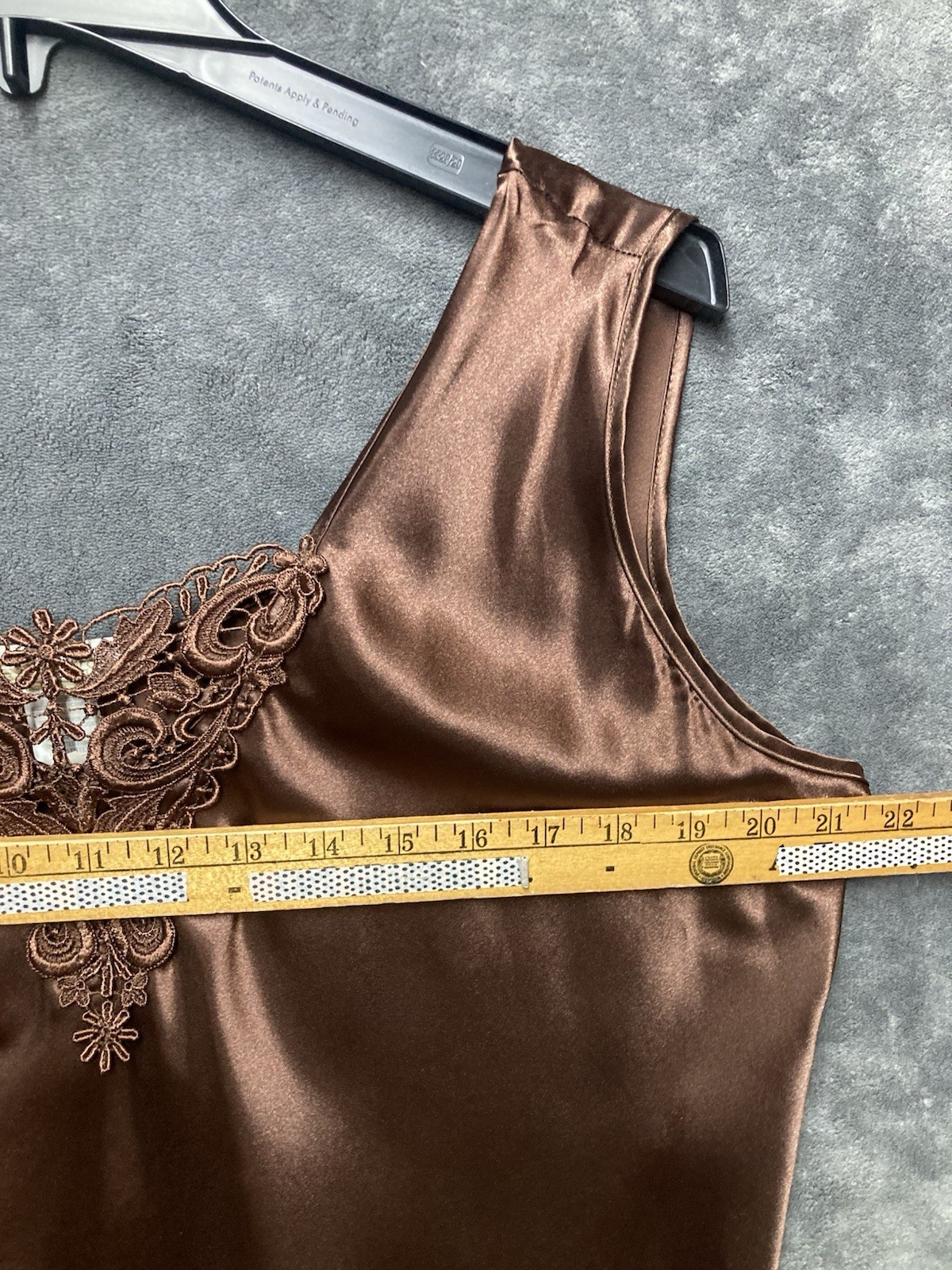 VTG ESCAPADES Coffee Brown Satin Cami Tank Top Applique Lace Forest Fairy USA L