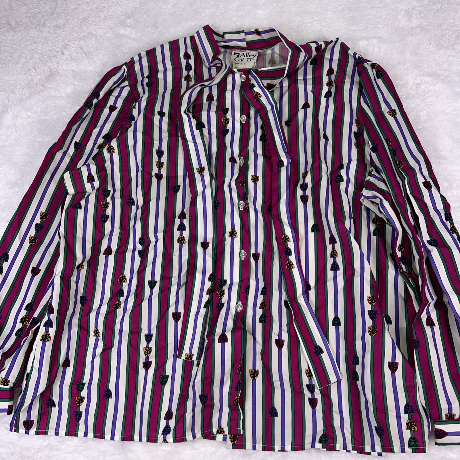 Vintage 70s/80s Alley Cat II Multicolor Blouse Shirt Necktie Size 44 USA Made