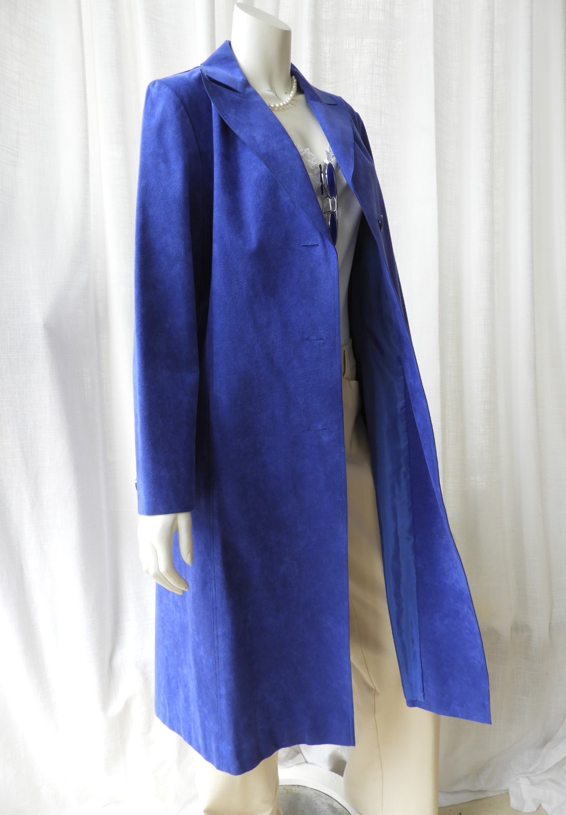 Vtg 1990 s Blue Ultrasuede Duster & Skirt Suit Set Evelyn McGill sz S/M