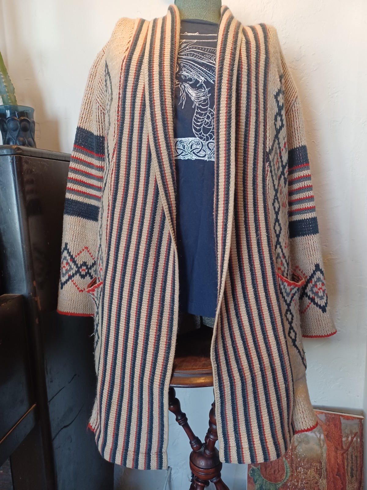 Vintage 70s Boho Geometric Pattern Shawl Collar Cardigan, Wintuck by Sabra