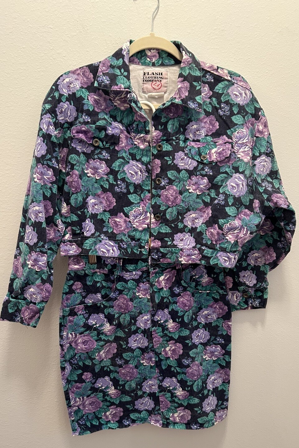 Flash Clothing Company LA 80s Denim Floral High Waist Skirt Size 9 Jacket Sz M