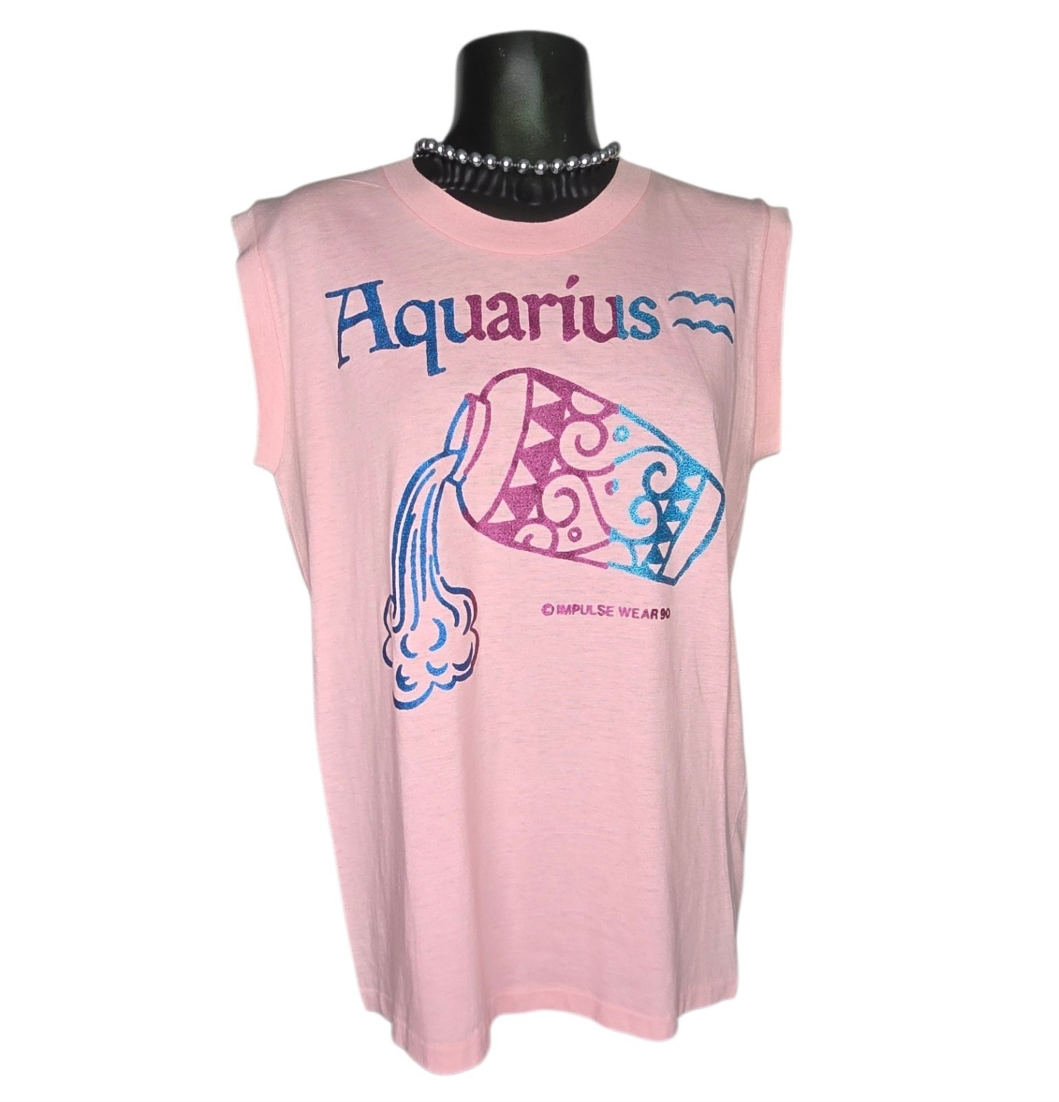 Vintage 90s Rare Pink Aquarius Glitter Graphic Single Stitch Tank Top Medium
