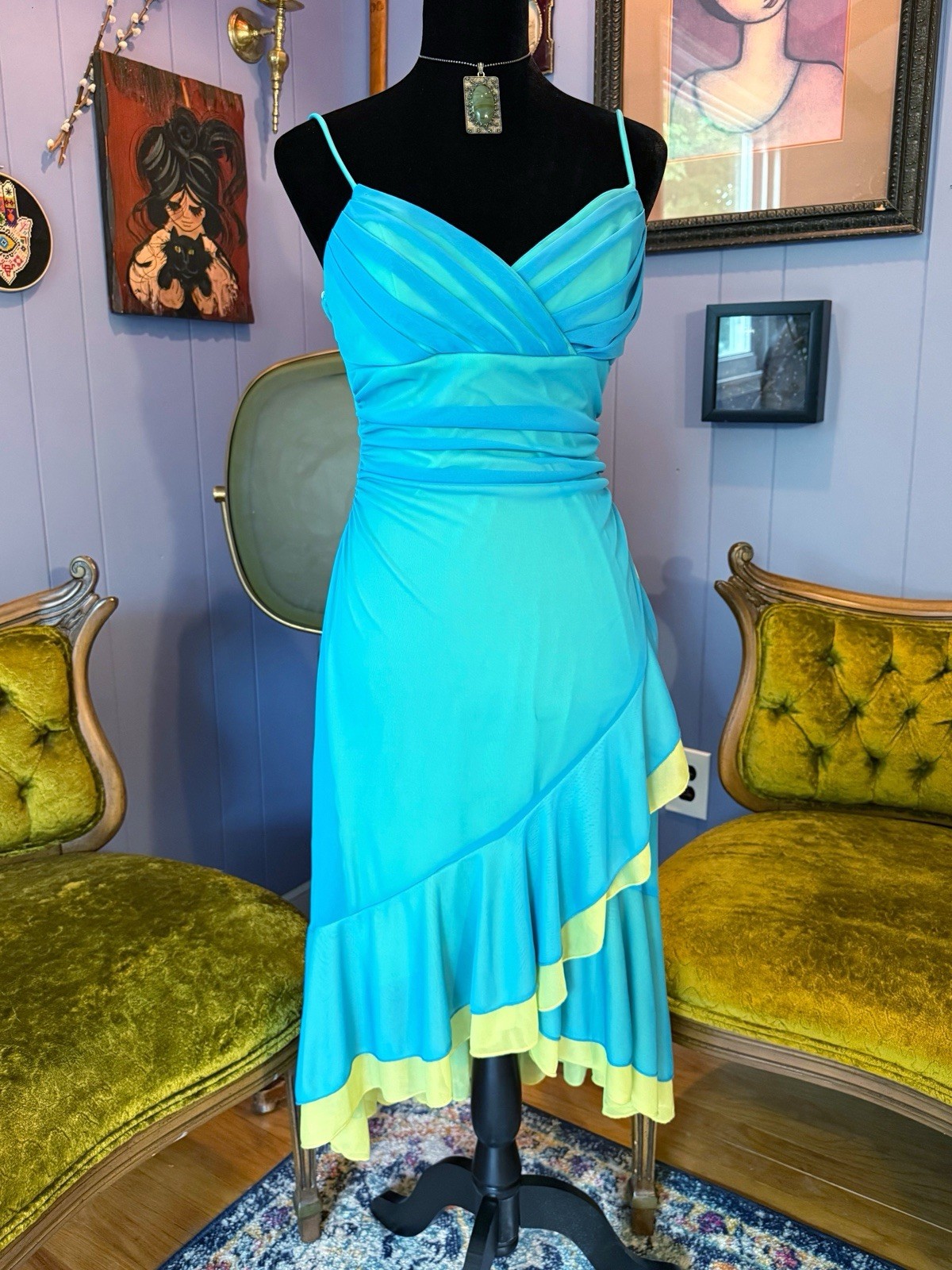 Vtg Y2K City Triangles Turquoise And Green Asymmetrical Spaghetti Strap Dress L