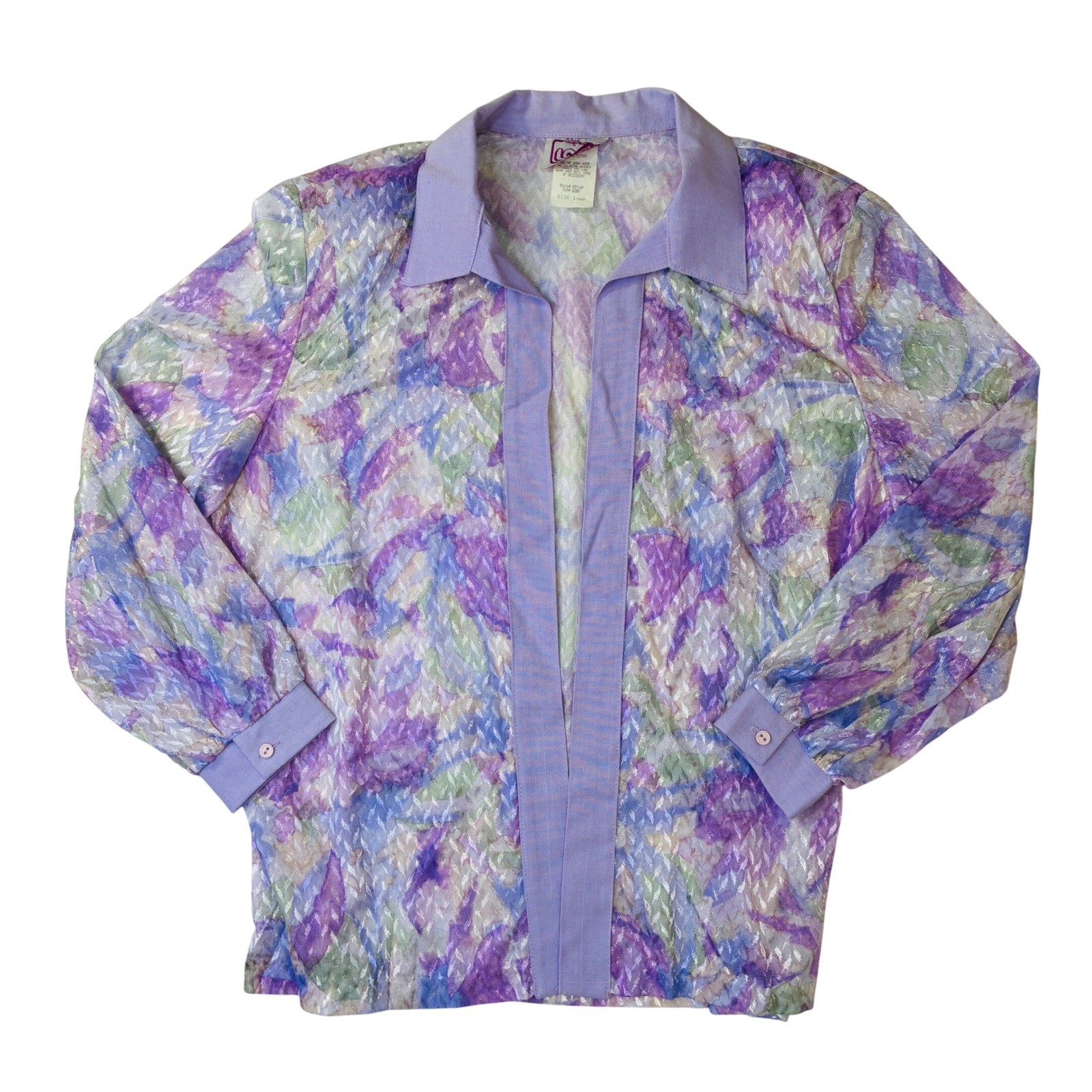 Vintage California Looks Purple Floral Open Front Blouse Size 14WP Made in USA