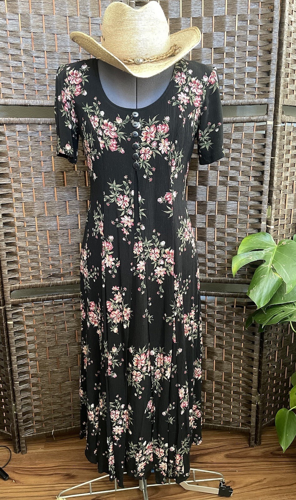 S Vintage Gauze Linen Rayon Maxi Dress Black Floral Button Layered Short Sleeves
