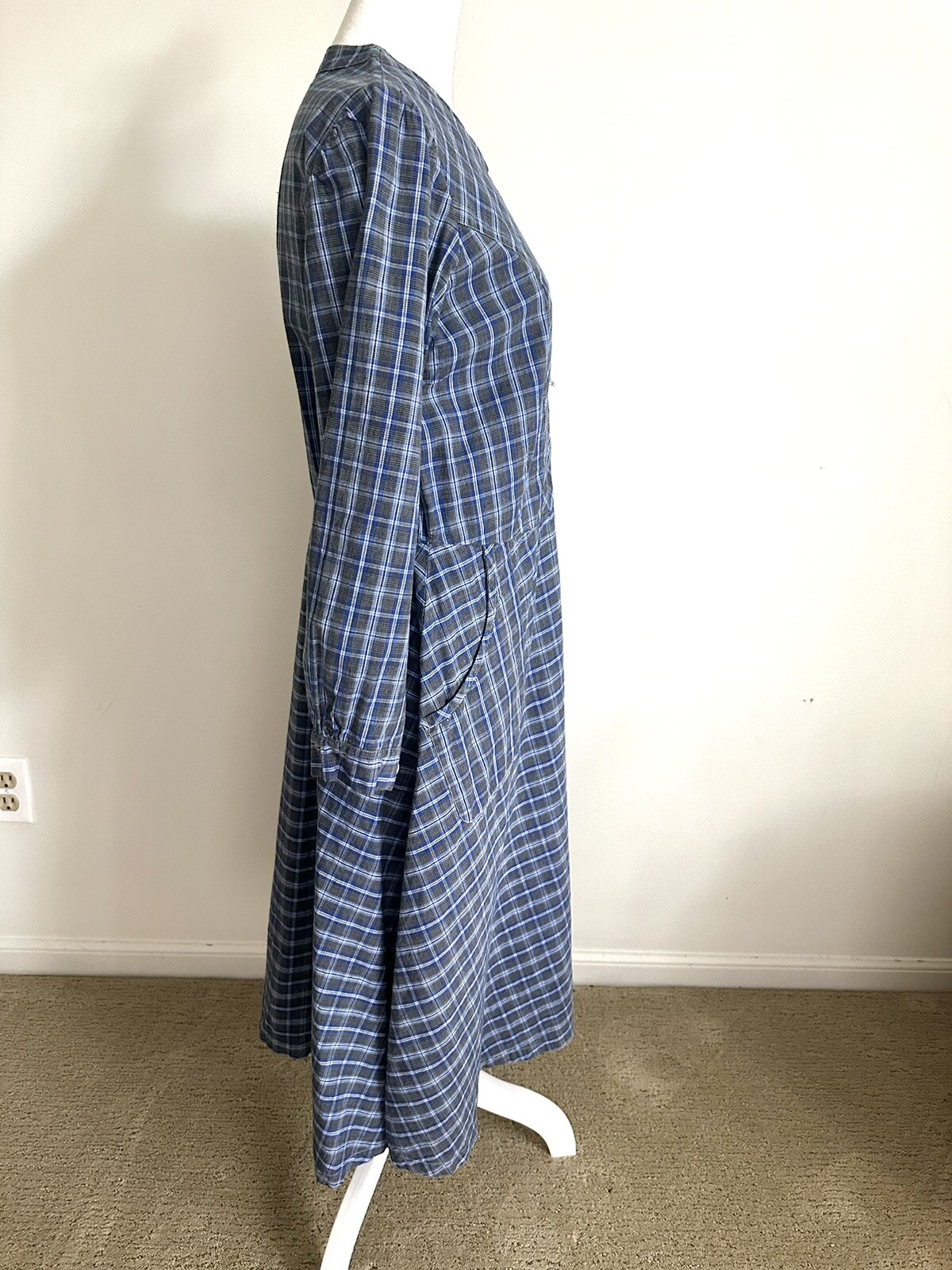 Vintage Handmade Prairie Dress Modest Homespun Blue Plaid Cotton Midi S/M