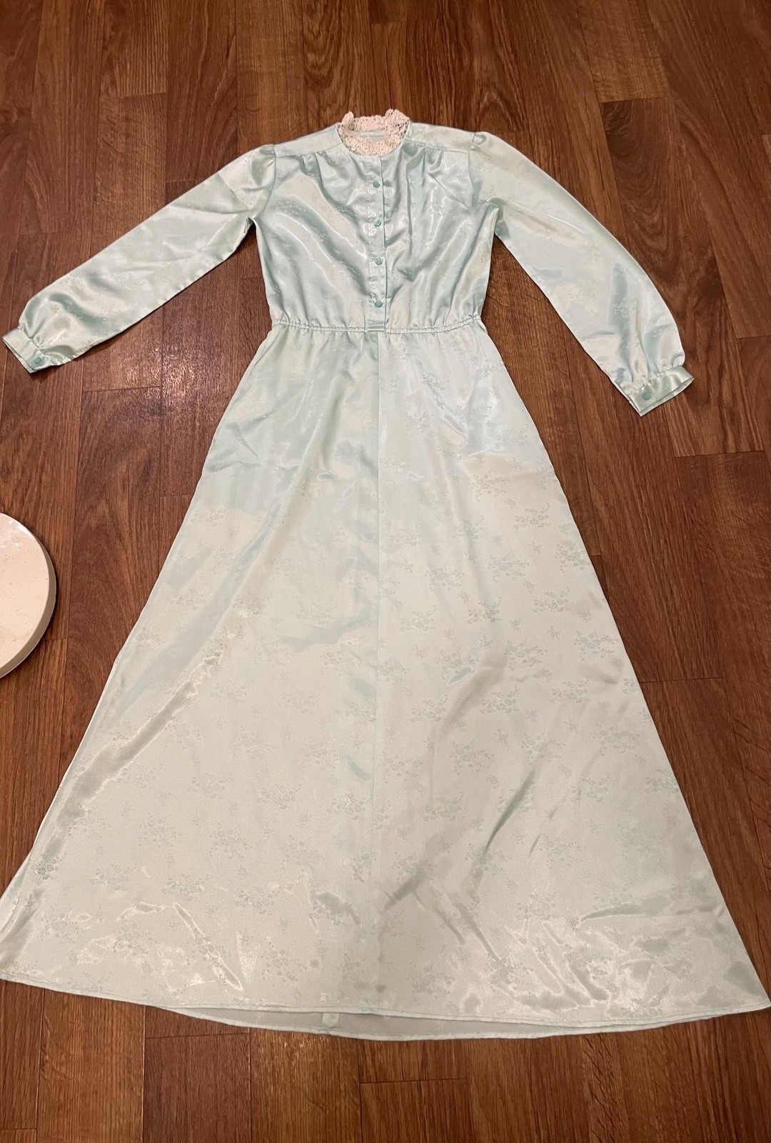 Vintage 60s Blue Satin Prom Maxi Dress Small Floral Modest Cottagecore Coquette